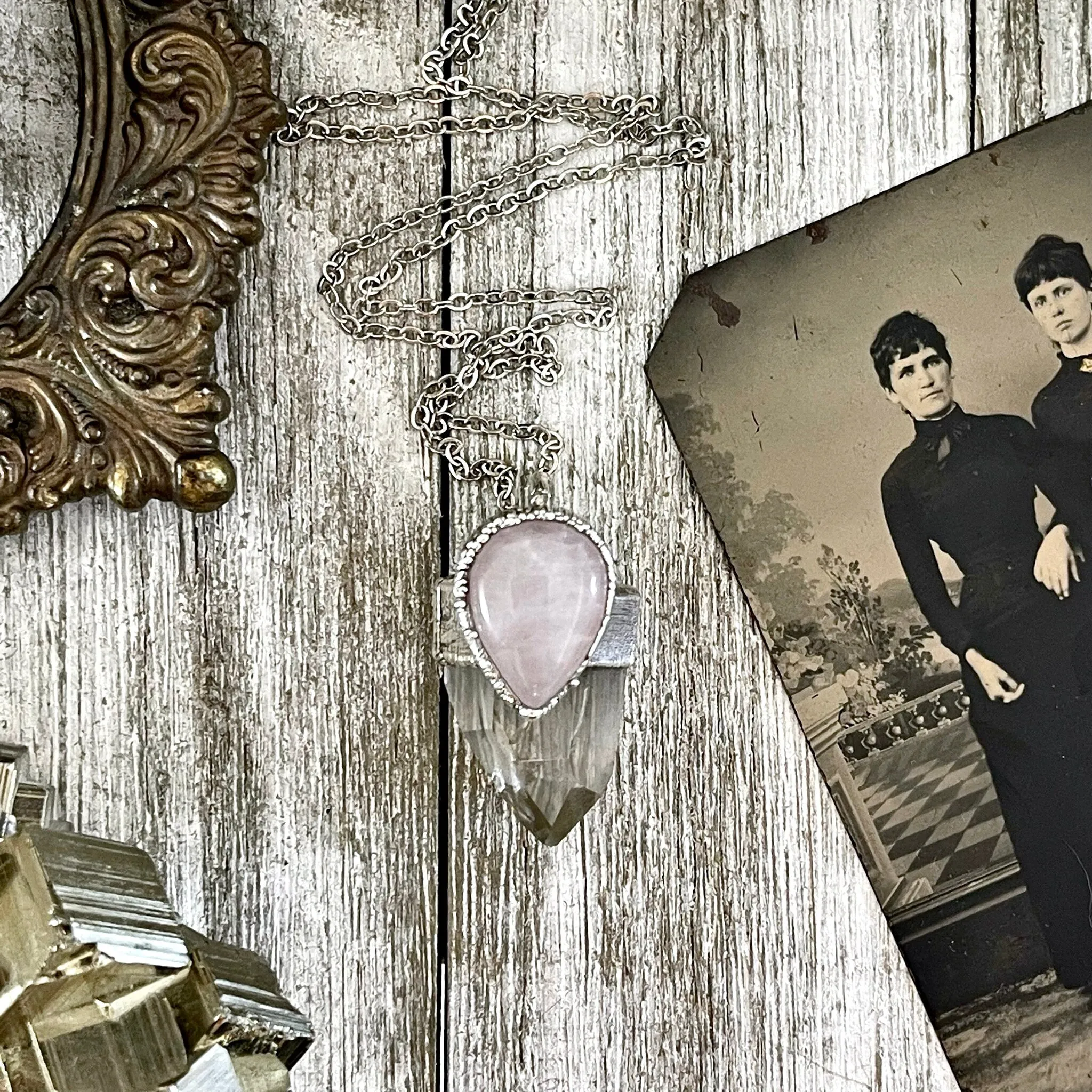 Clear Quartz & Rose Quartz Crystal Statement Necklace in Fine Silver / Foxlark Collection - One of a Kind