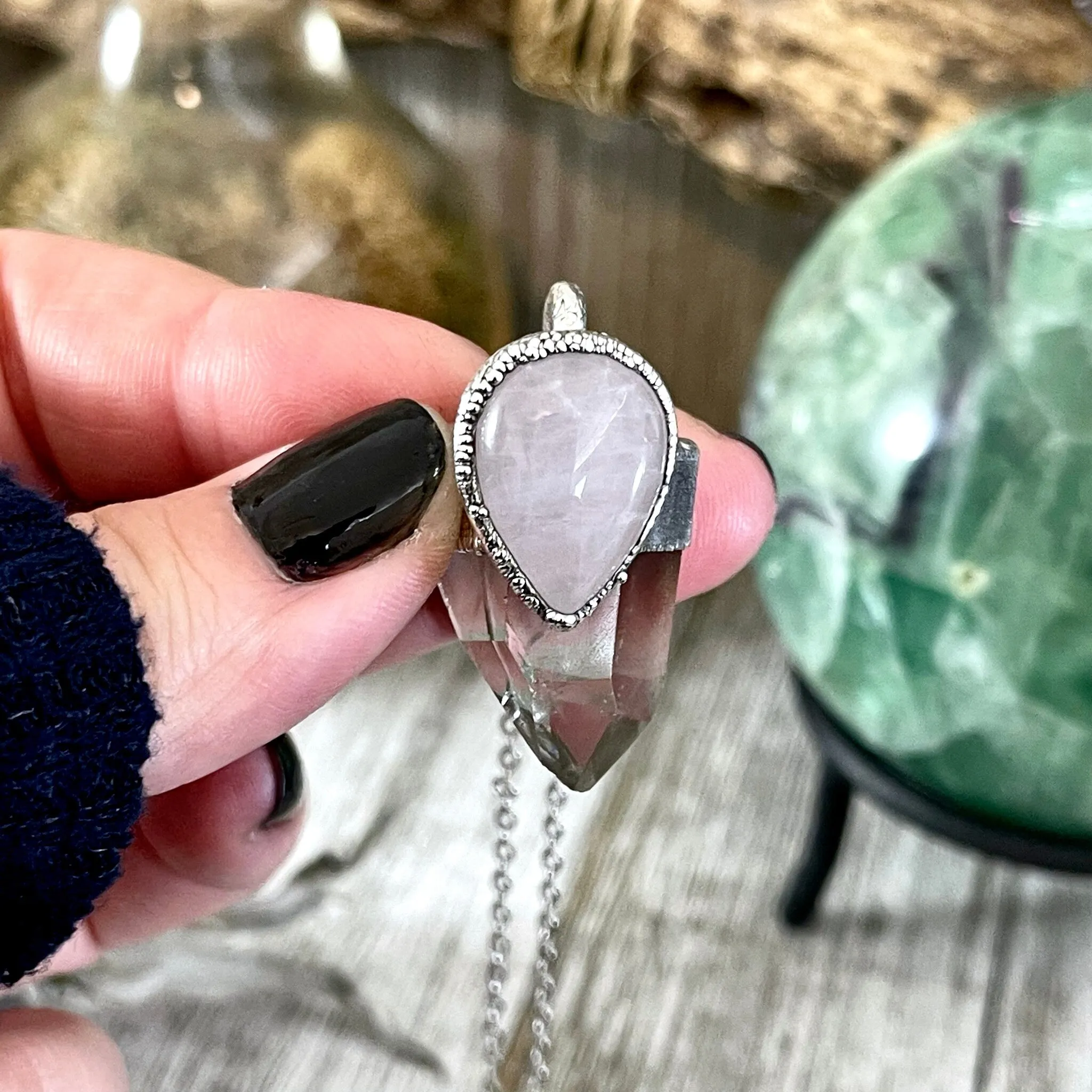 Clear Quartz & Rose Quartz Crystal Statement Necklace in Fine Silver / Foxlark Collection - One of a Kind