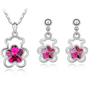 Crystal Flower Bear Necklace & Earrings Fashion Jewelry Set