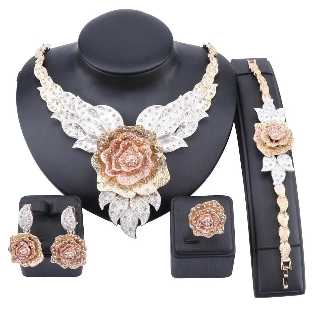 Crystal Rose Flower Necklace, Bracelet, Earrings & Ring Wedding Jewelry Set