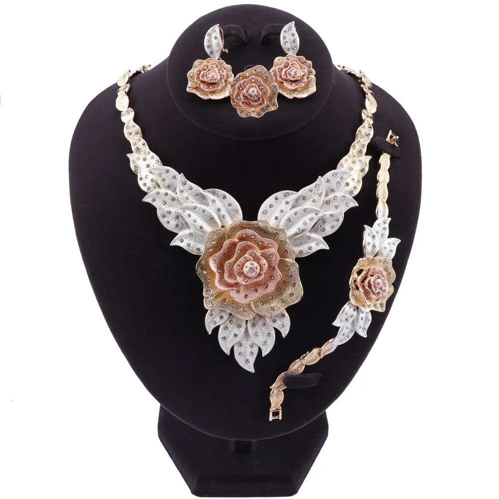 Crystal Rose Flower Necklace, Bracelet, Earrings & Ring Wedding Jewelry Set