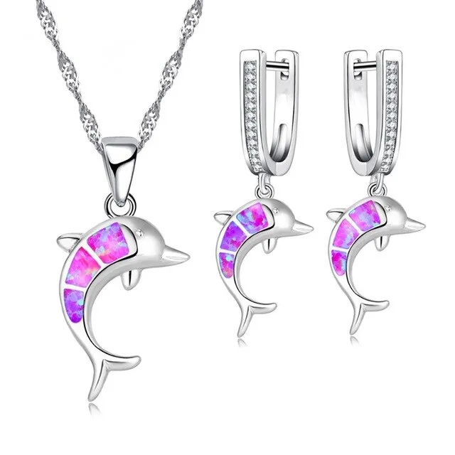 Cute Dolphin Fire Opal Necklace & Earrings Classic Fashion Jewelry Set