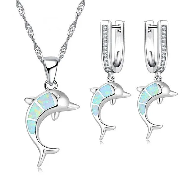 Cute Dolphin Fire Opal Necklace & Earrings Classic Fashion Jewelry Set