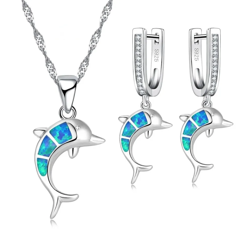 Cute Dolphin Fire Opal Necklace & Earrings Classic Fashion Jewelry Set