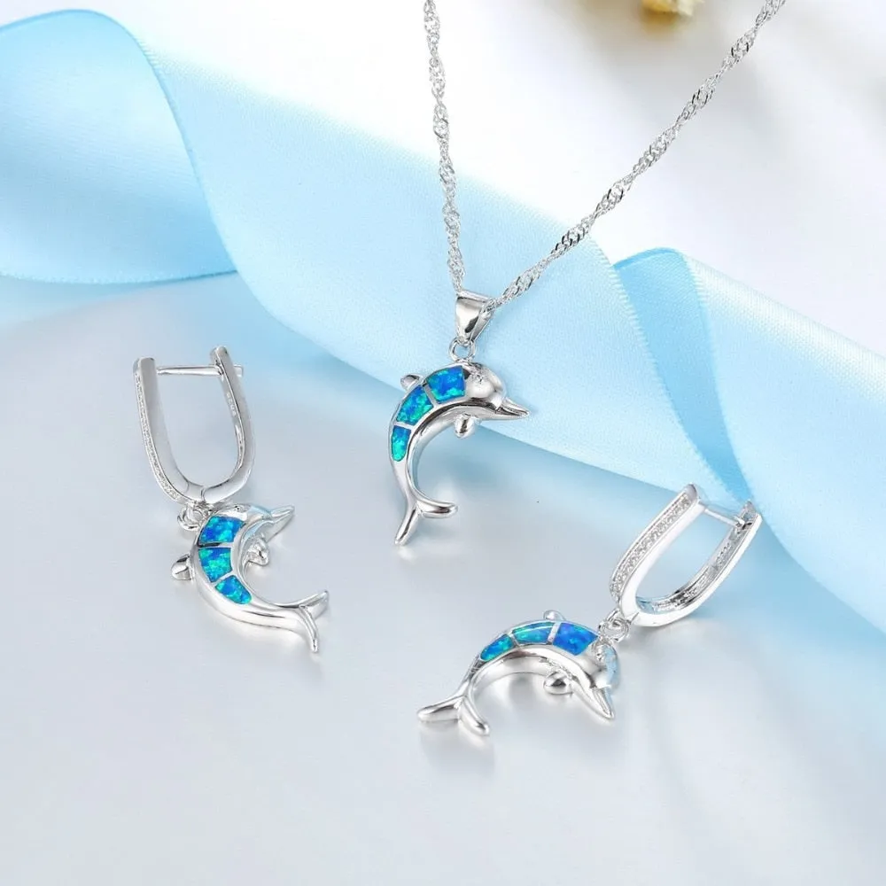 Cute Dolphin Fire Opal Necklace & Earrings Classic Fashion Jewelry Set