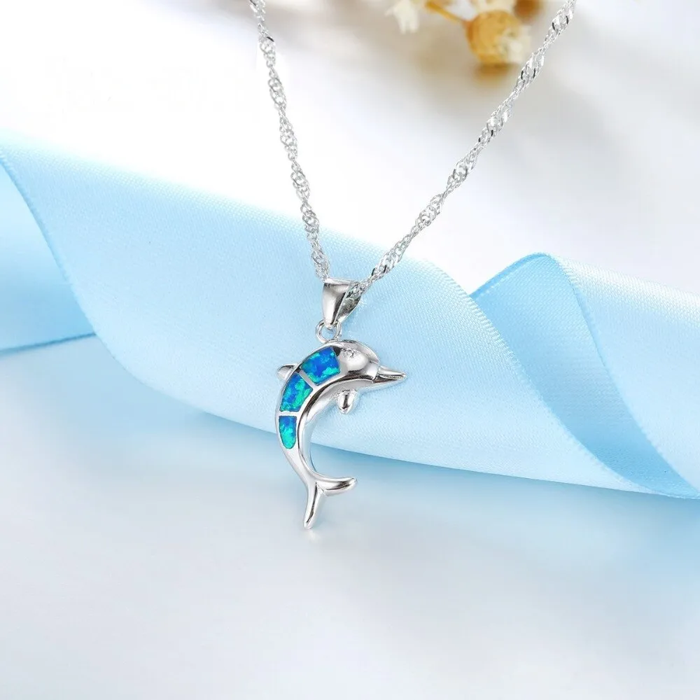 Cute Dolphin Fire Opal Necklace & Earrings Classic Fashion Jewelry Set