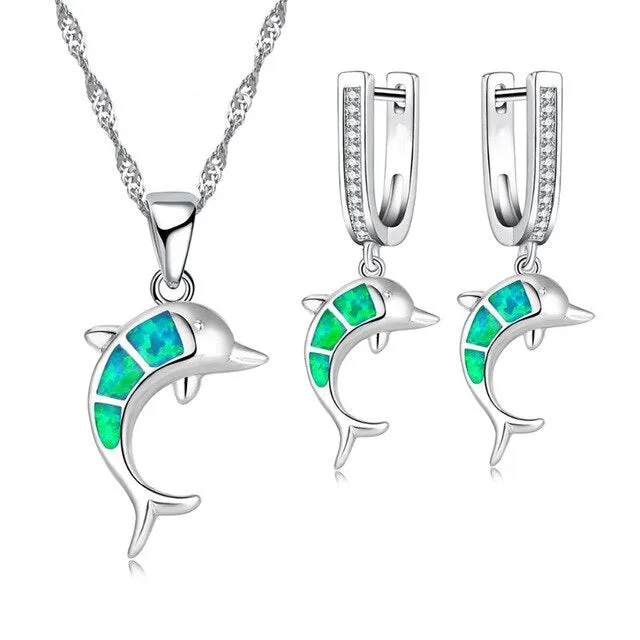 Cute Dolphin Fire Opal Necklace & Earrings Classic Fashion Jewelry Set