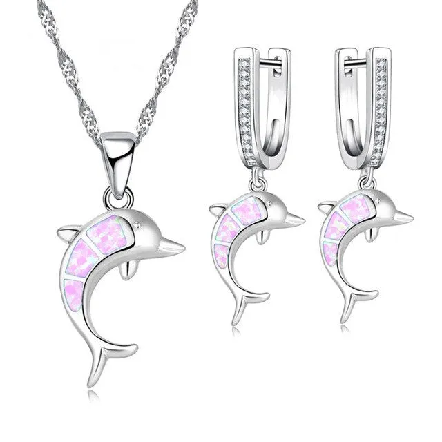 Cute Dolphin Fire Opal Necklace & Earrings Classic Fashion Jewelry Set