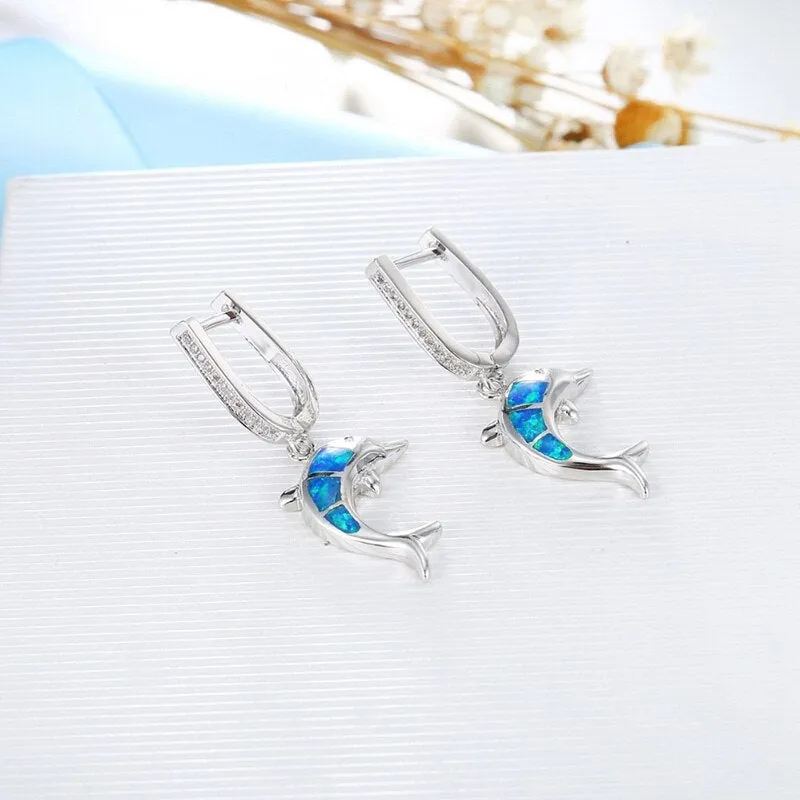 Cute Dolphin Fire Opal Necklace & Earrings Classic Fashion Jewelry Set