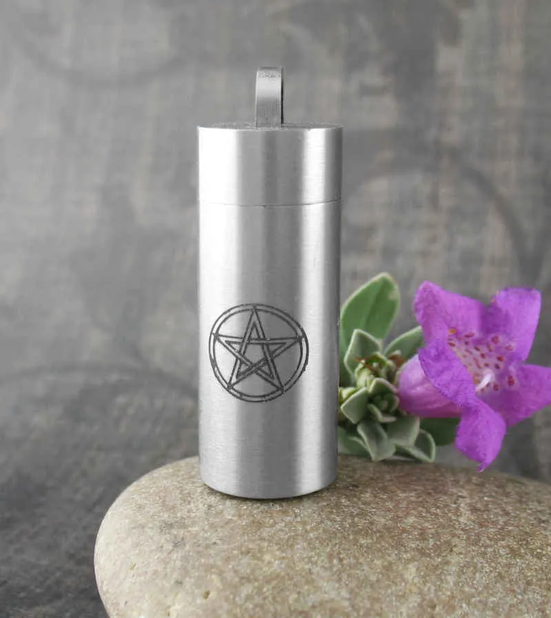 Cylindrical Pentacle Urn Vial Pendant, Stainless Steel