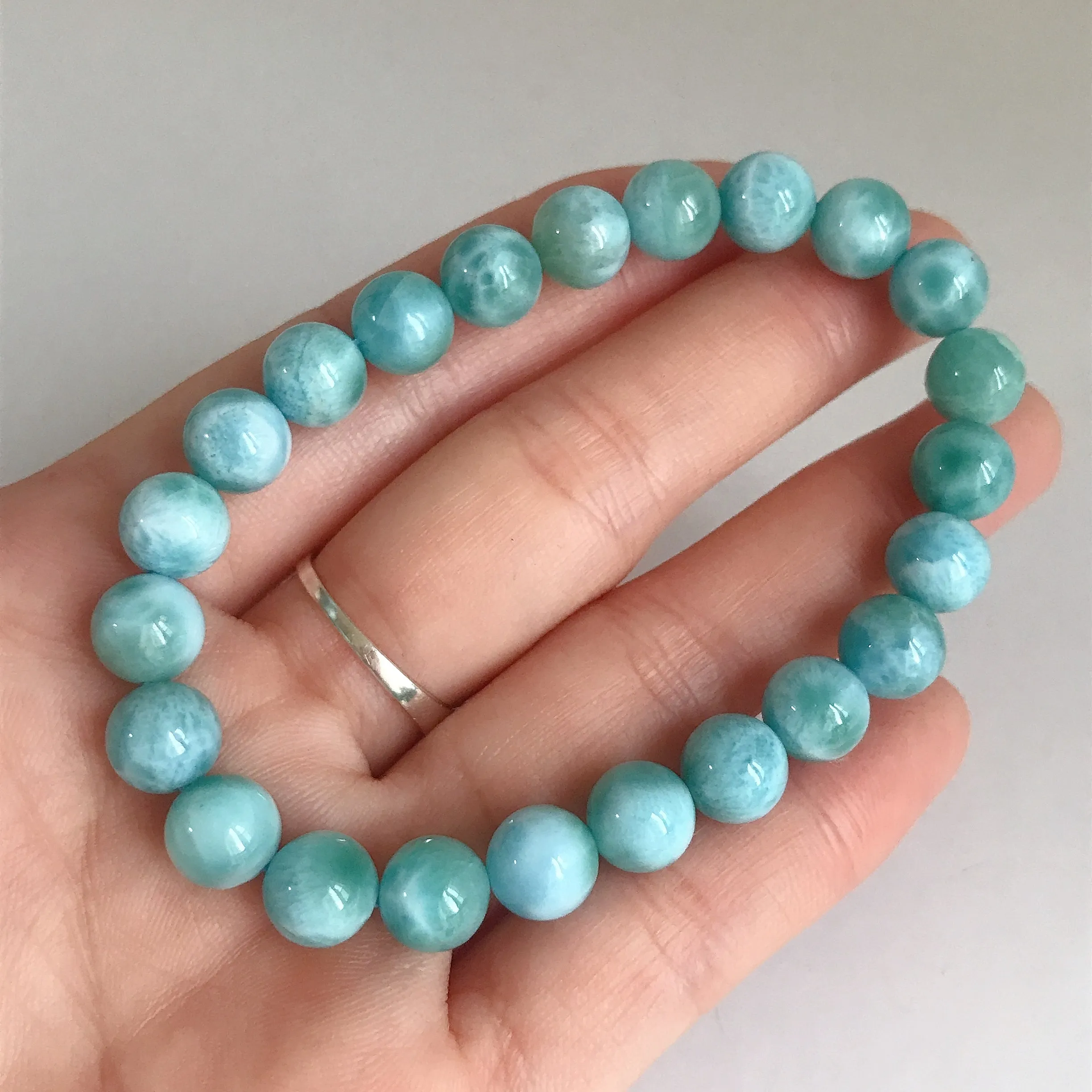 Dolphin Stone Natural Blue Larimar Bracelet Handmade with 8.2mm Beads | Throat Chakra Healing Jewelry