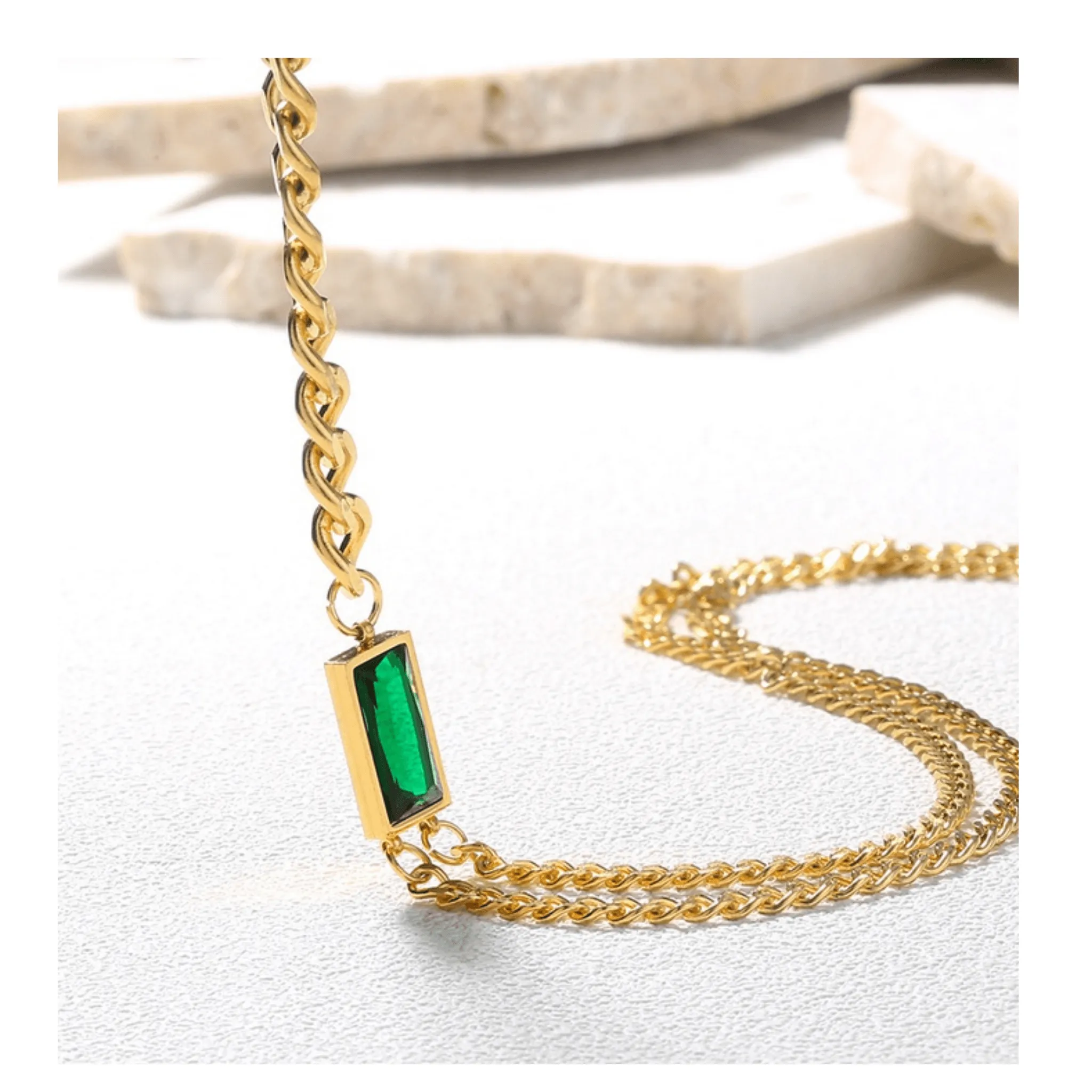 Double Link Asymmetric Gold Emerald Necklace