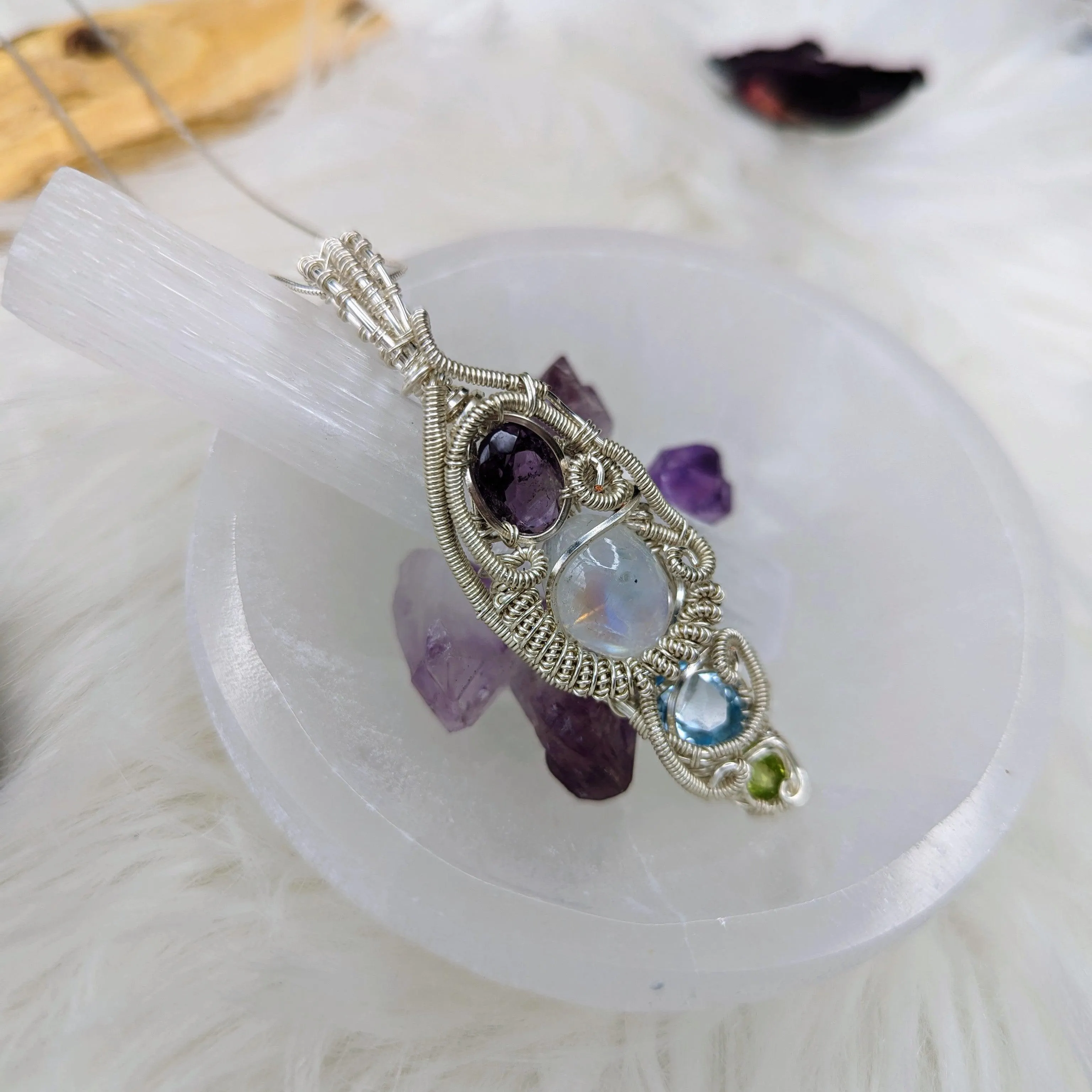 Elven Energies ~ Gorgeous Amethyst, Moonstone, Blue Topaz and Peridot Gemstone Pendant ~ Wire Wrapped by Hand ~ Silver Chain Included