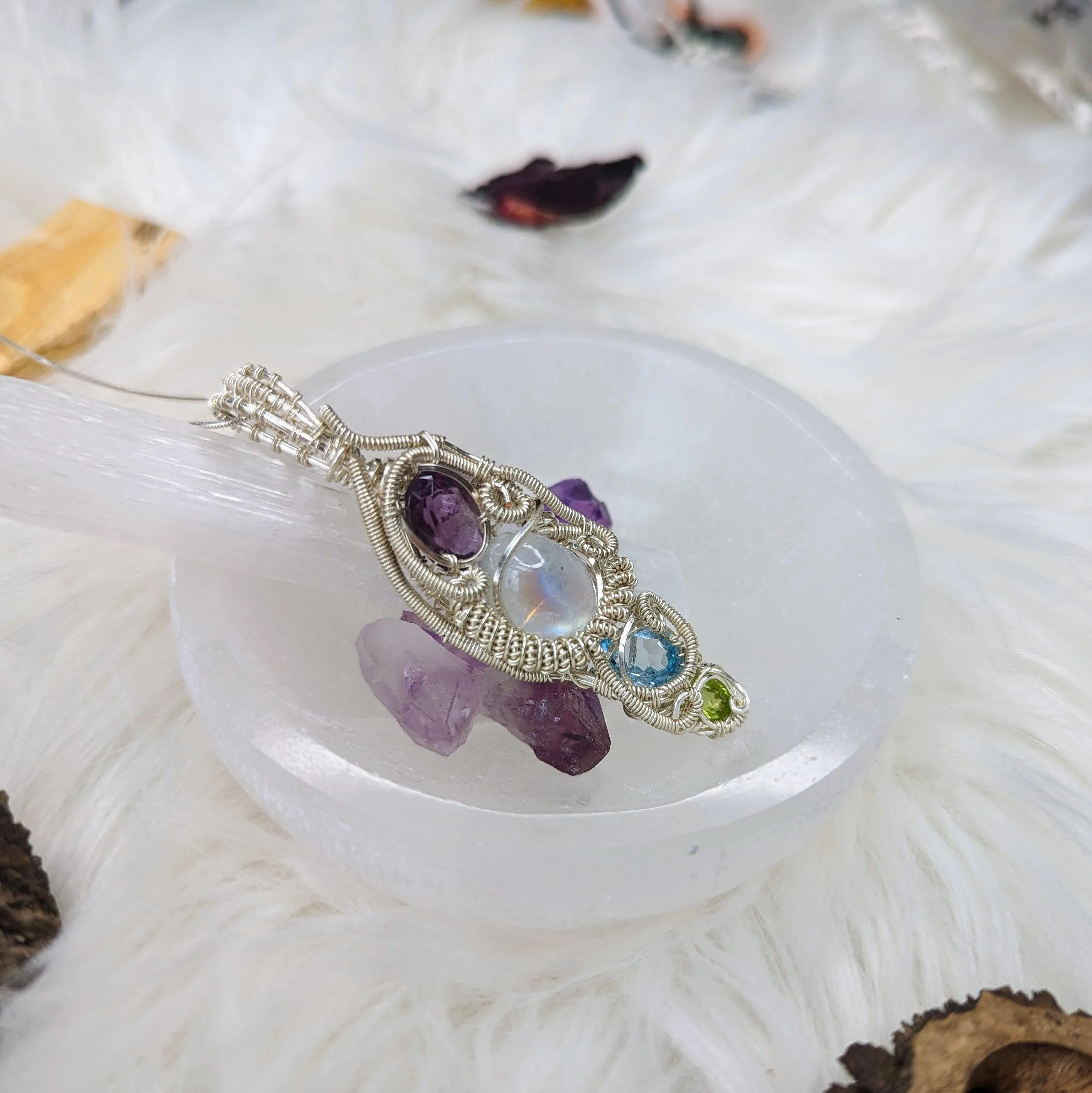 Elven Energies ~ Gorgeous Amethyst, Moonstone, Blue Topaz and Peridot Gemstone Pendant ~ Wire Wrapped by Hand ~ Silver Chain Included