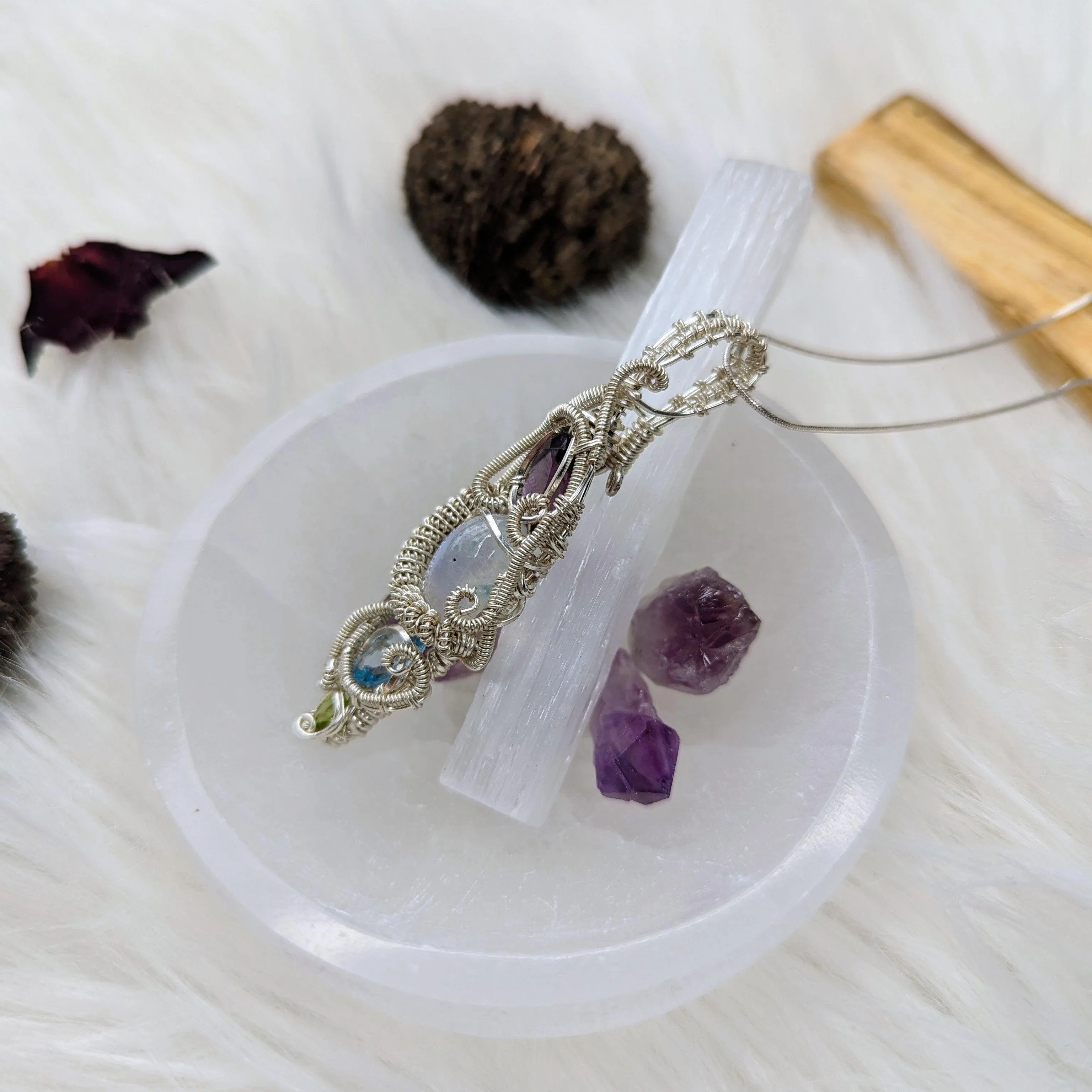 Elven Energies ~ Gorgeous Amethyst, Moonstone, Blue Topaz and Peridot Gemstone Pendant ~ Wire Wrapped by Hand ~ Silver Chain Included