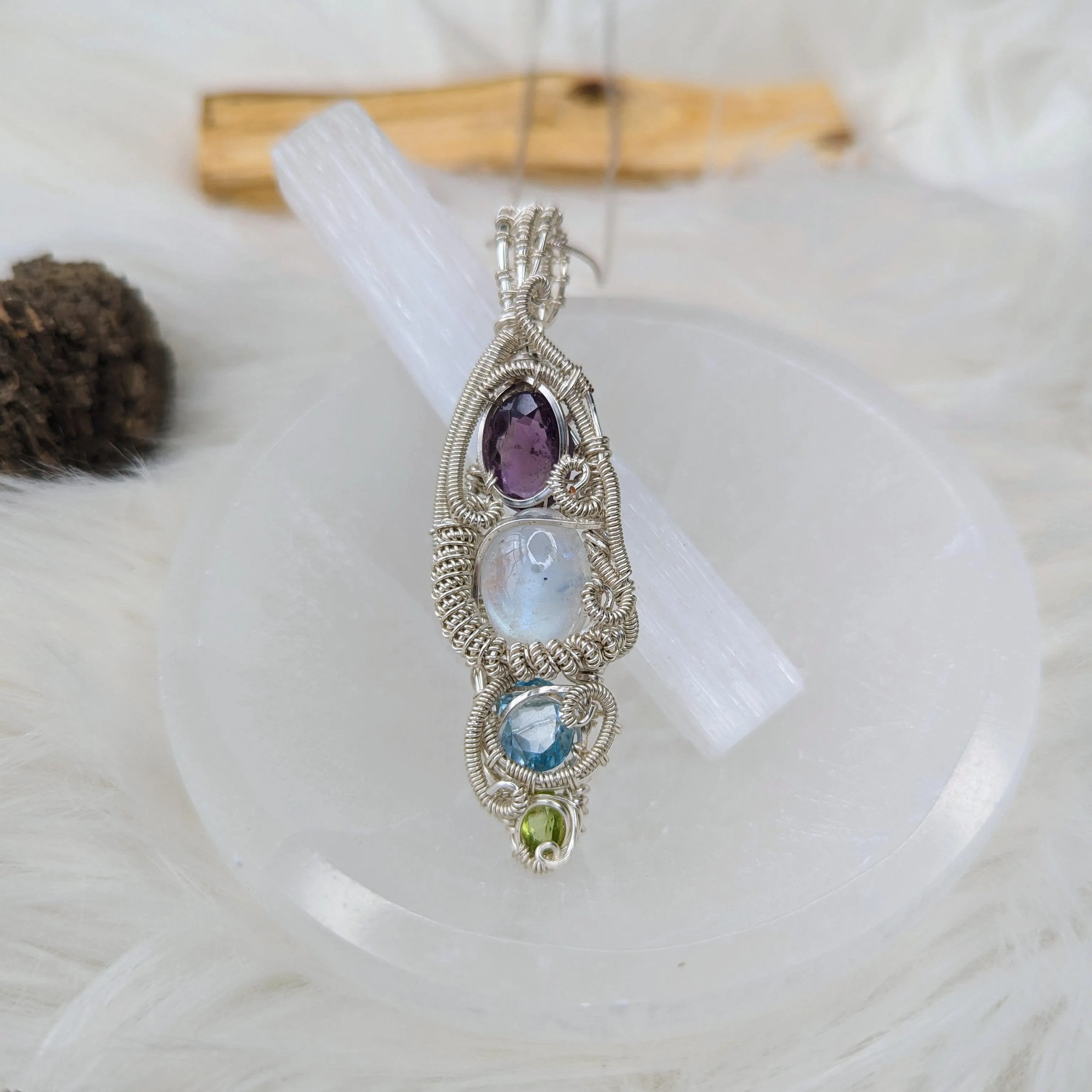 Elven Energies ~ Gorgeous Amethyst, Moonstone, Blue Topaz and Peridot Gemstone Pendant ~ Wire Wrapped by Hand ~ Silver Chain Included