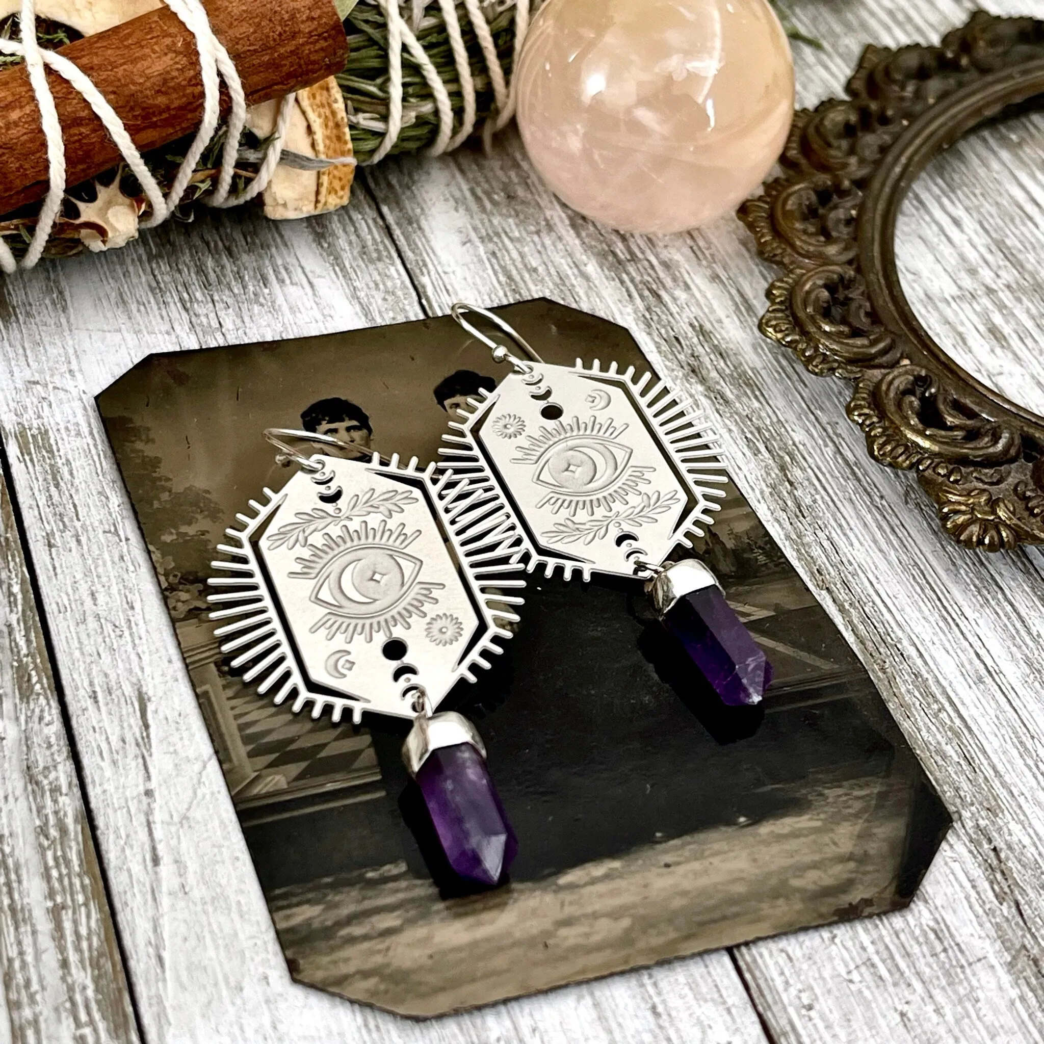 Evil Eye and Amethyst Earrings Sterling Silver & Stainless Steel Earrings /