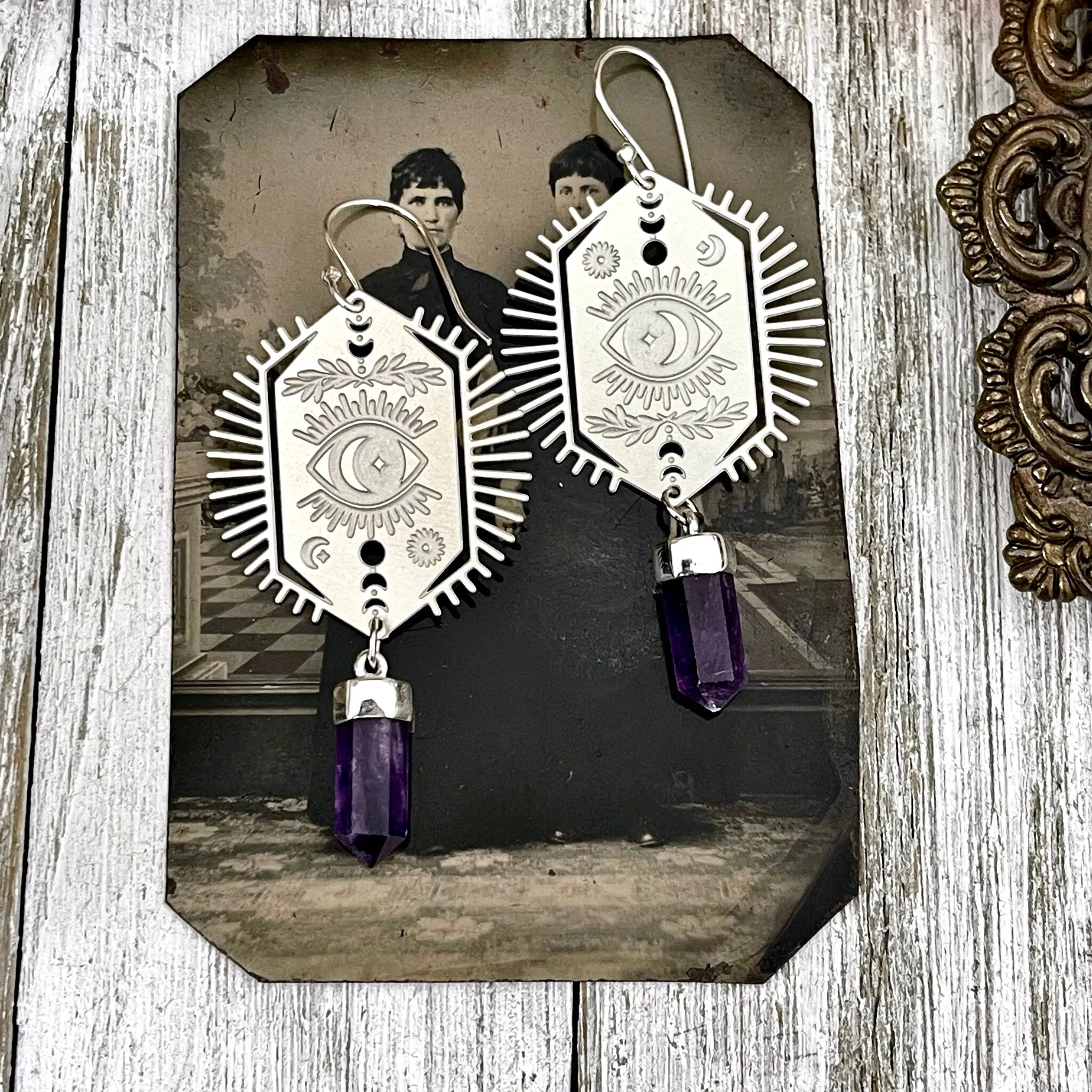 Evil Eye and Amethyst Earrings Sterling Silver & Stainless Steel Earrings /