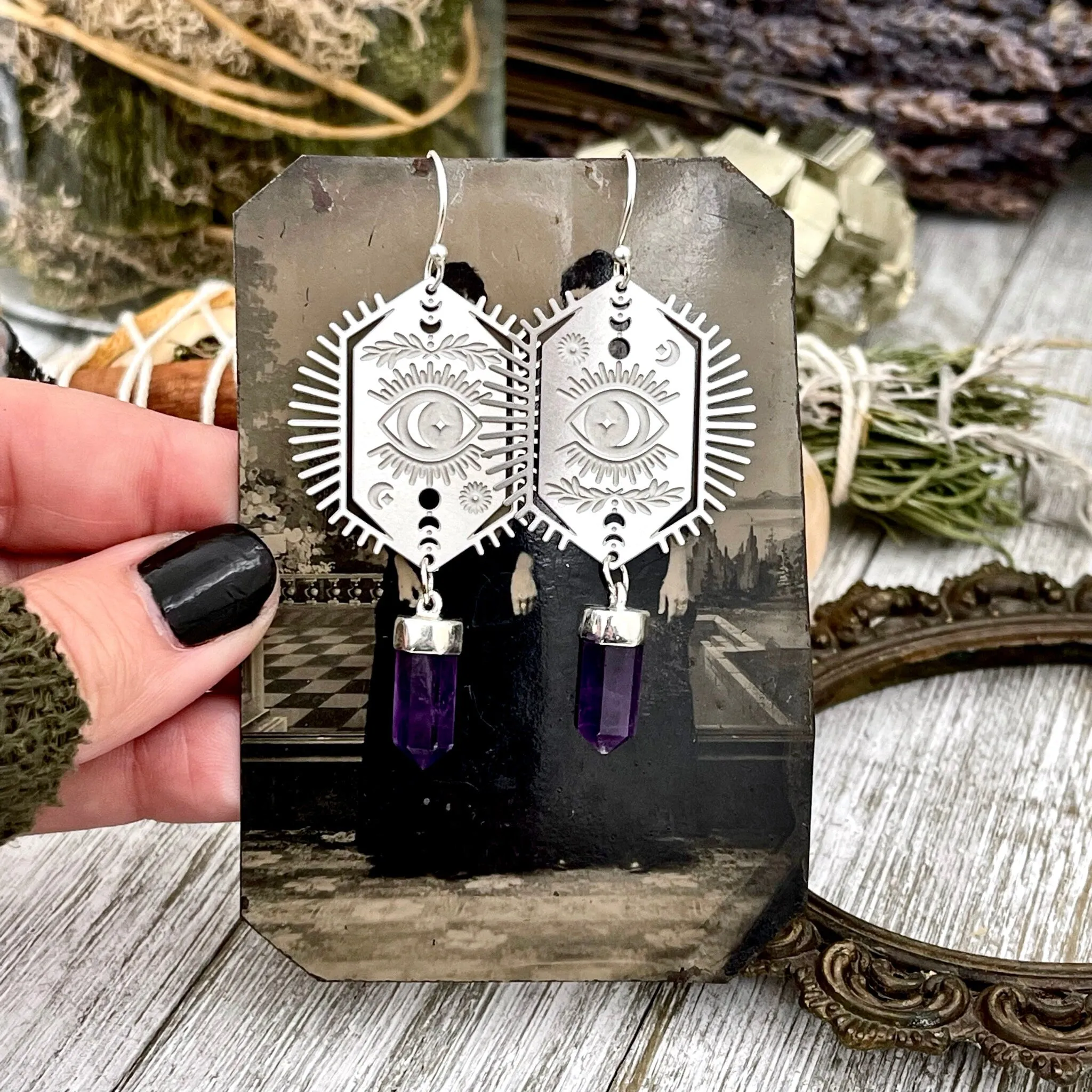 Evil Eye and Amethyst Earrings Sterling Silver & Stainless Steel Earrings /