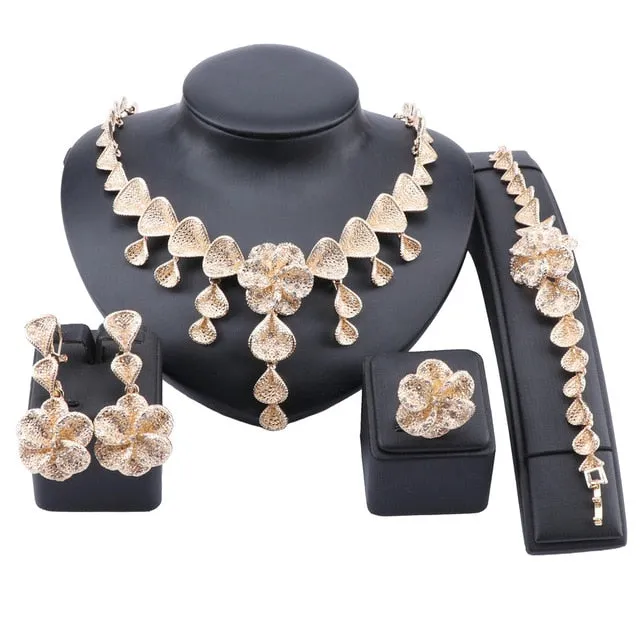 Flower and Shell Crystal Necklace, Bracelet, Earrings & Ring Wedding Jewelry Set