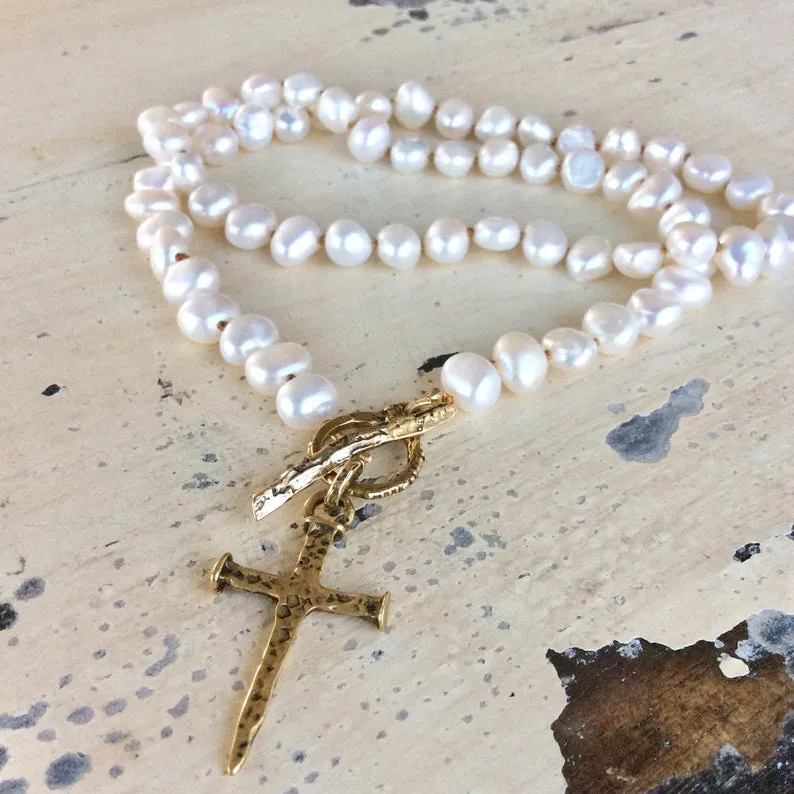 Freshwater Pearl Necklace, Cross Pendant Necklace, Religious Jewelry