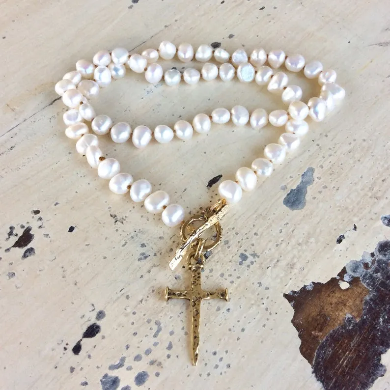 Freshwater Pearl Necklace, Cross Pendant Necklace, Religious Jewelry