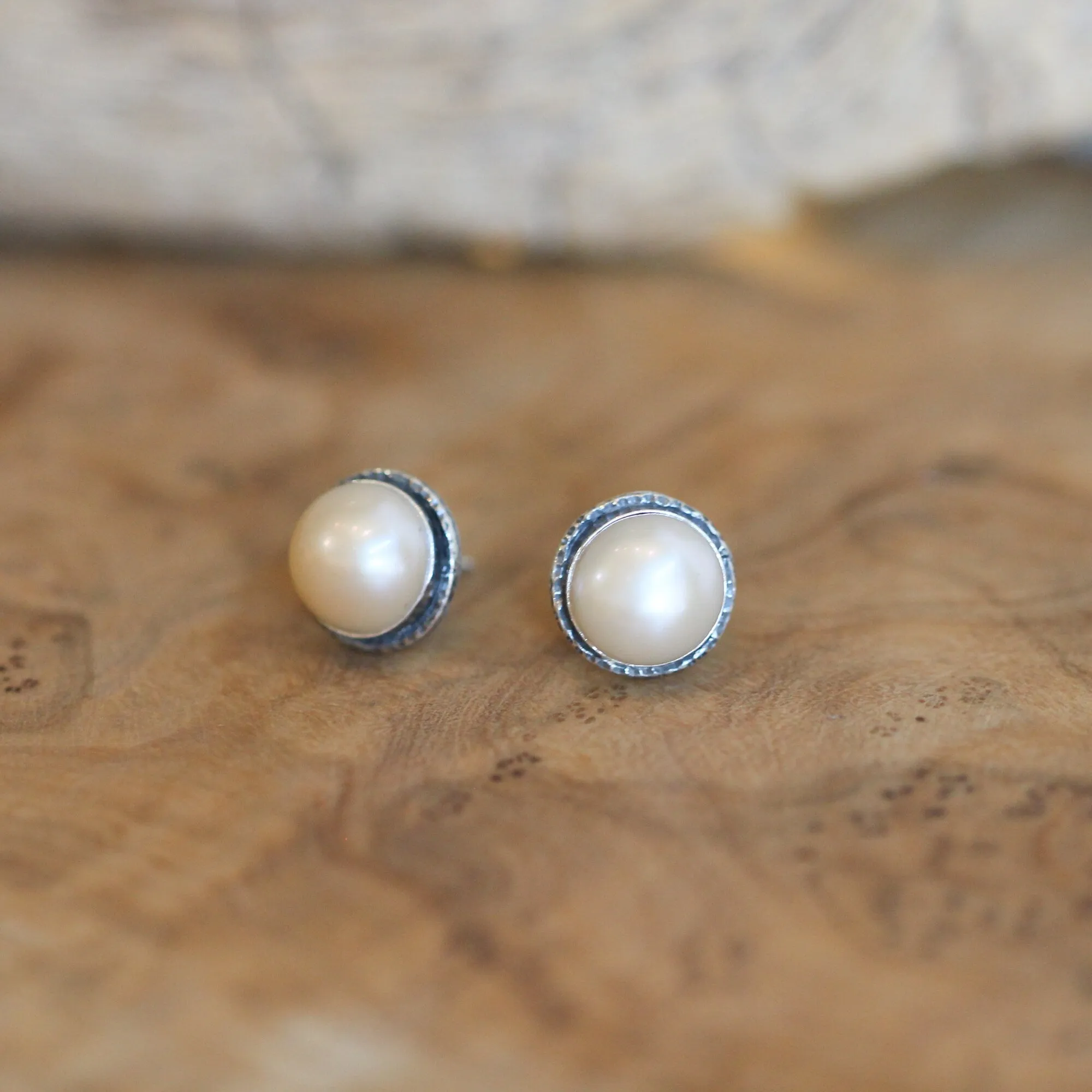 Freshwater Pearl Posts - Hammered Pearl Posts - .925 Sterling Silver - Mabe Pearl Earrings