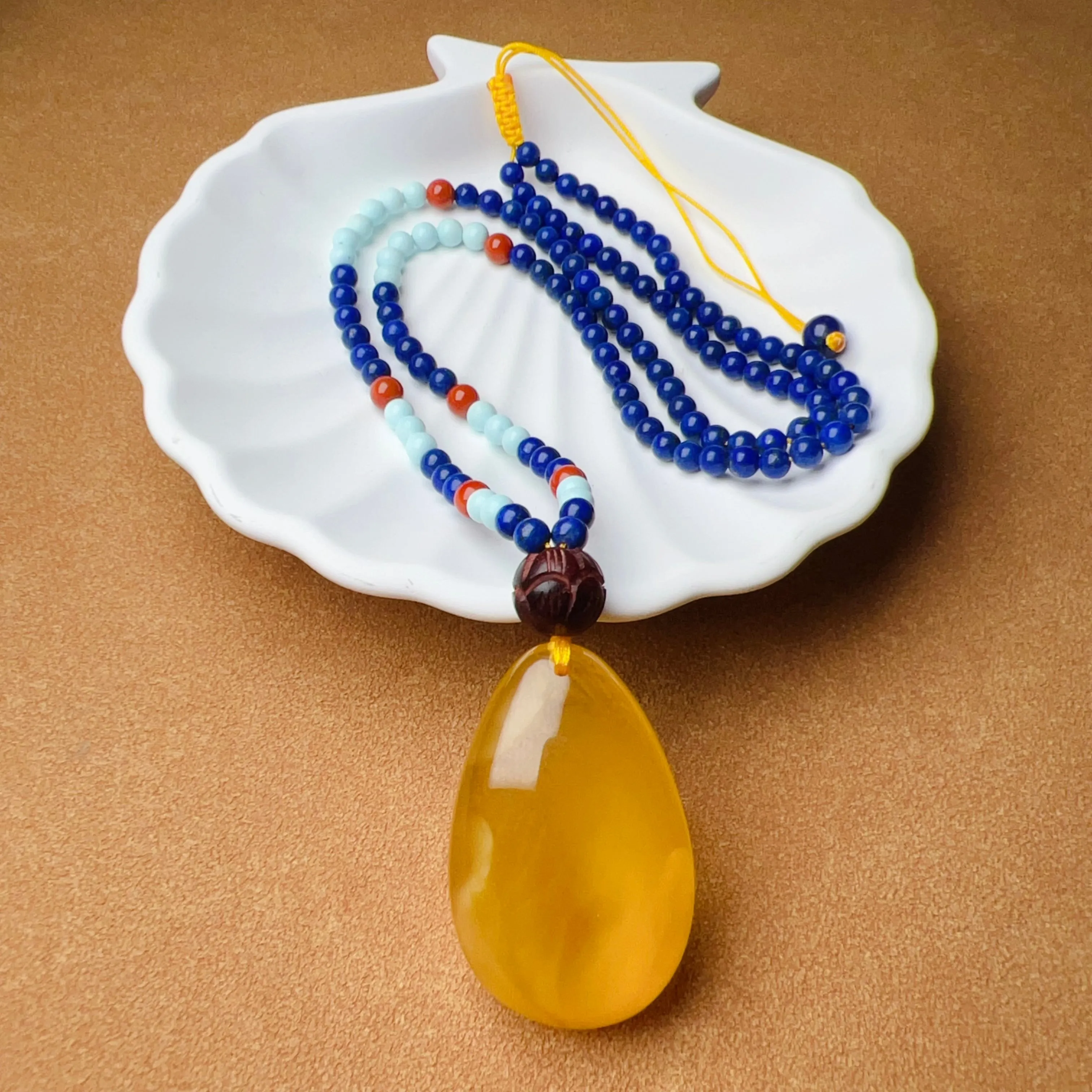 Genuine Gold Amber Pendant Necklace Beaded with Agate Turquoise Lapis Lauzli Rosewood | One of A Kind Handmade Jewelry Adjustable Style