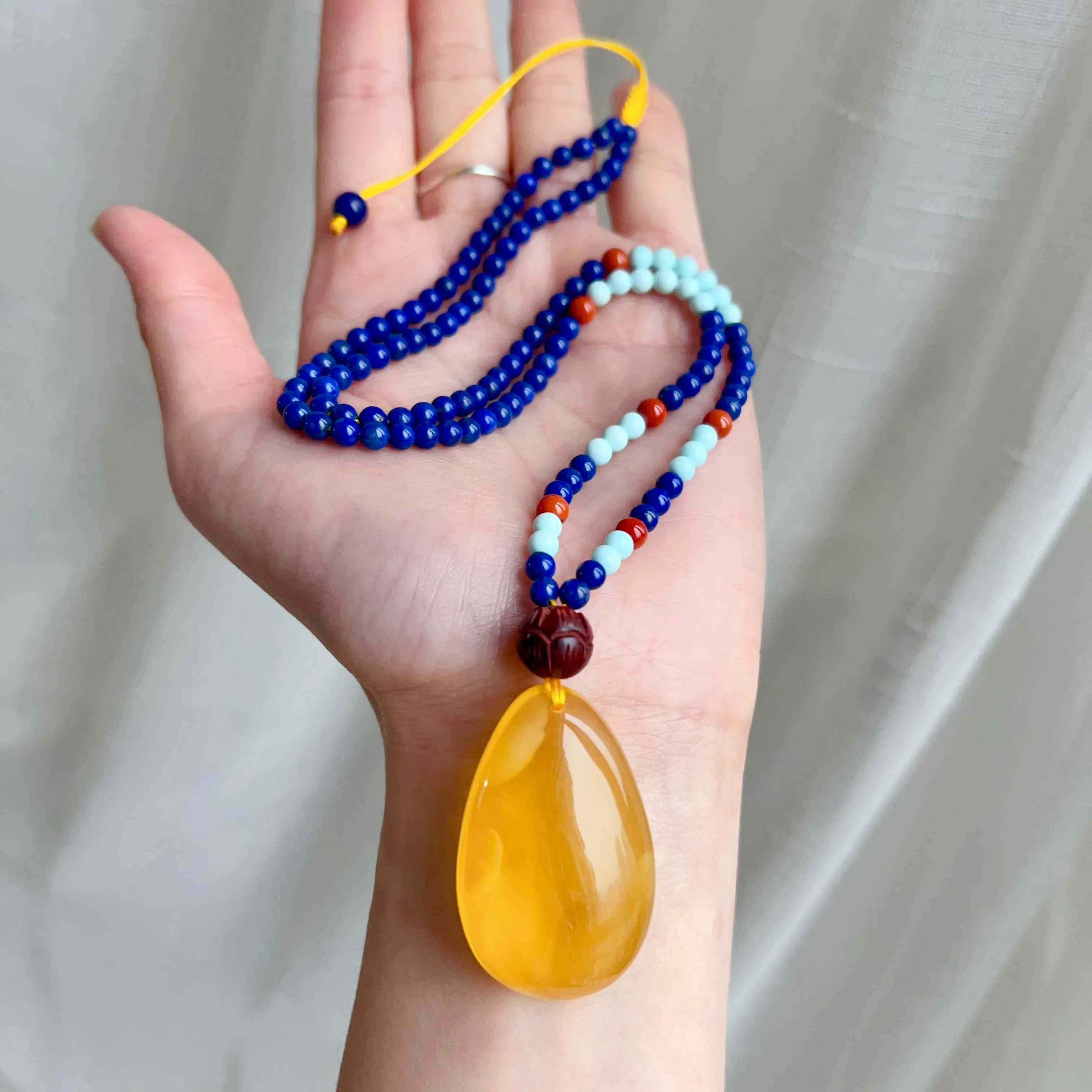 Genuine Gold Amber Pendant Necklace Beaded with Agate Turquoise Lapis Lauzli Rosewood | One of A Kind Handmade Jewelry Adjustable Style