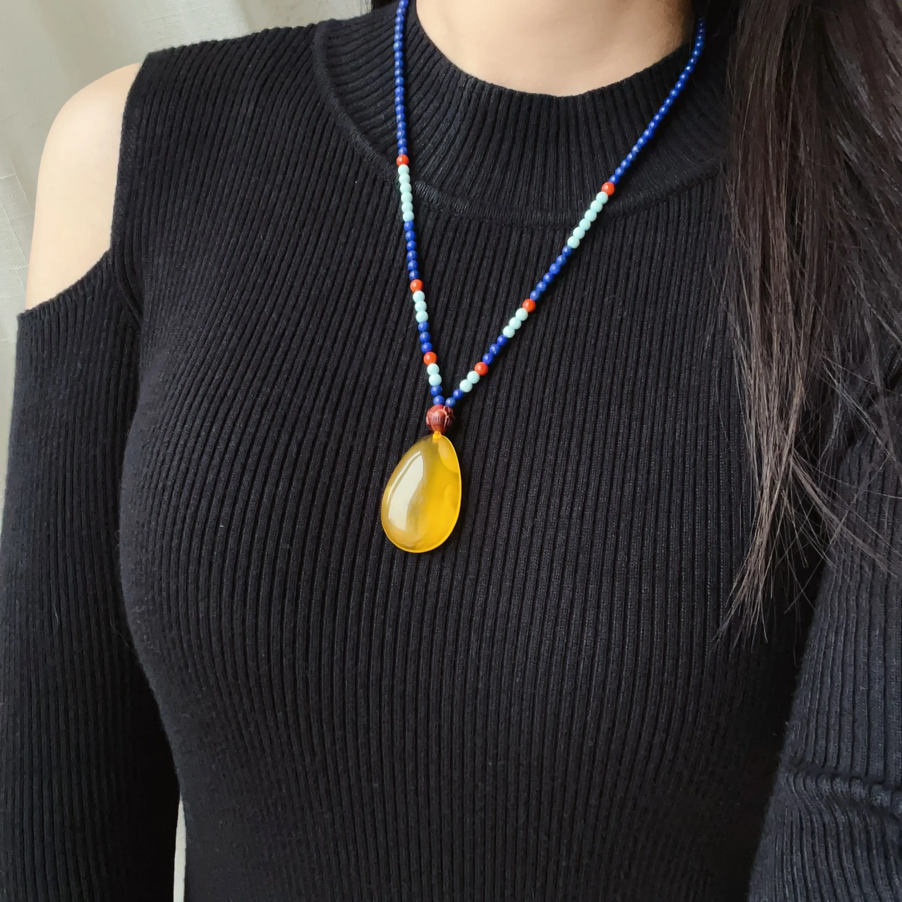 Genuine Gold Amber Pendant Necklace Beaded with Agate Turquoise Lapis Lauzli Rosewood | One of A Kind Handmade Jewelry Adjustable Style