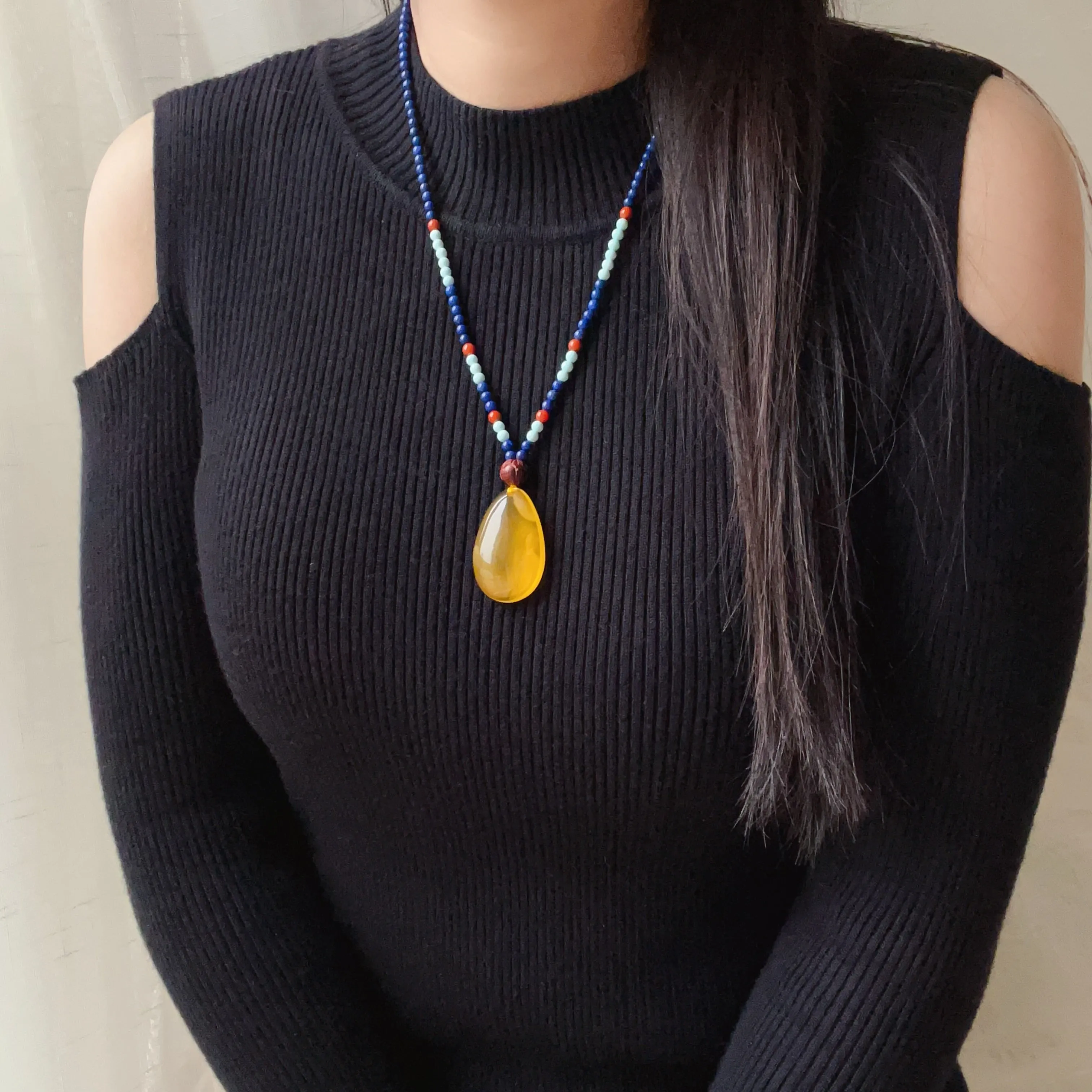 Genuine Gold Amber Pendant Necklace Beaded with Agate Turquoise Lapis Lauzli Rosewood | One of A Kind Handmade Jewelry Adjustable Style