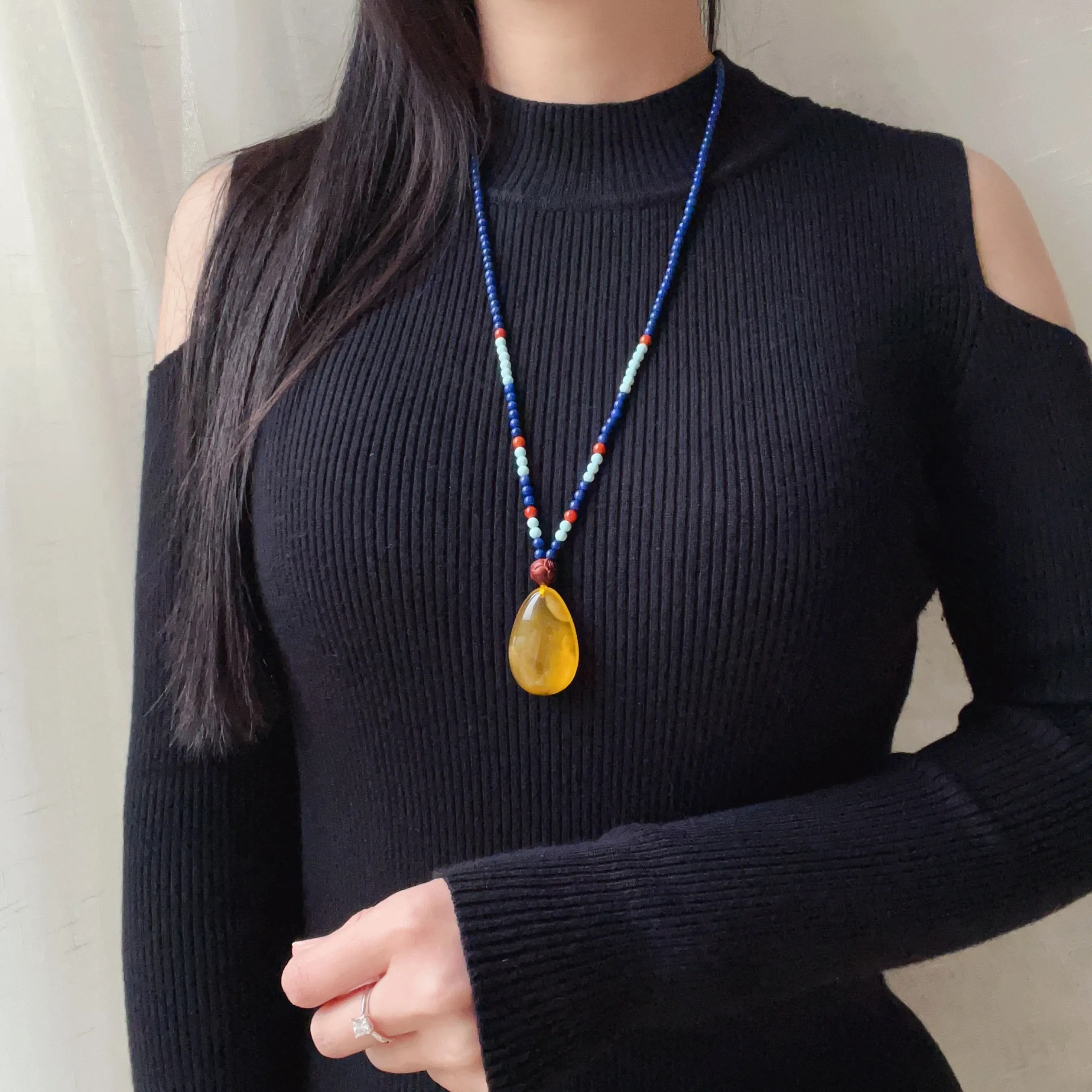 Genuine Gold Amber Pendant Necklace Beaded with Agate Turquoise Lapis Lauzli Rosewood | One of A Kind Handmade Jewelry Adjustable Style