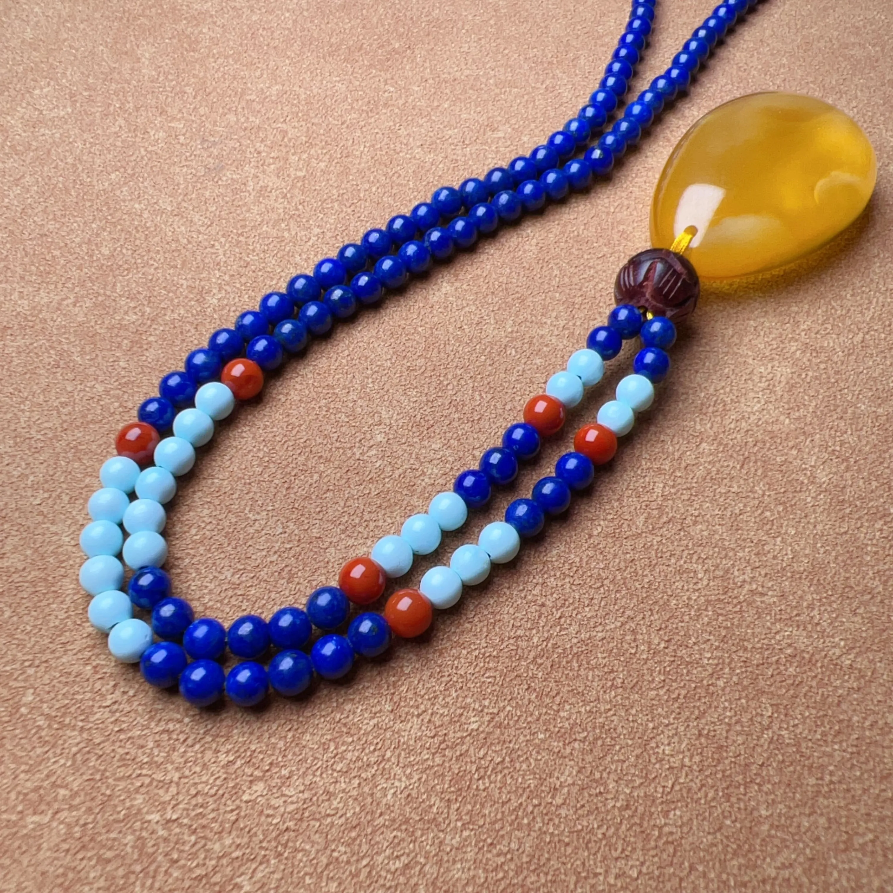 Genuine Gold Amber Pendant Necklace Beaded with Agate Turquoise Lapis Lauzli Rosewood | One of A Kind Handmade Jewelry Adjustable Style