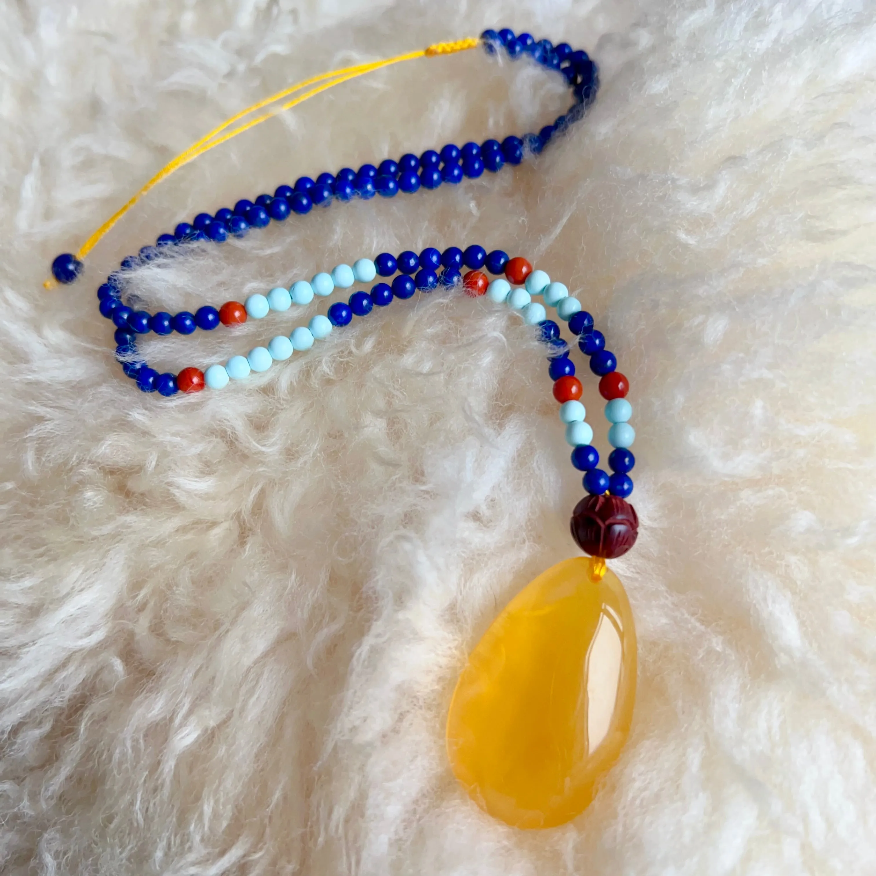 Genuine Gold Amber Pendant Necklace Beaded with Agate Turquoise Lapis Lauzli Rosewood | One of A Kind Handmade Jewelry Adjustable Style