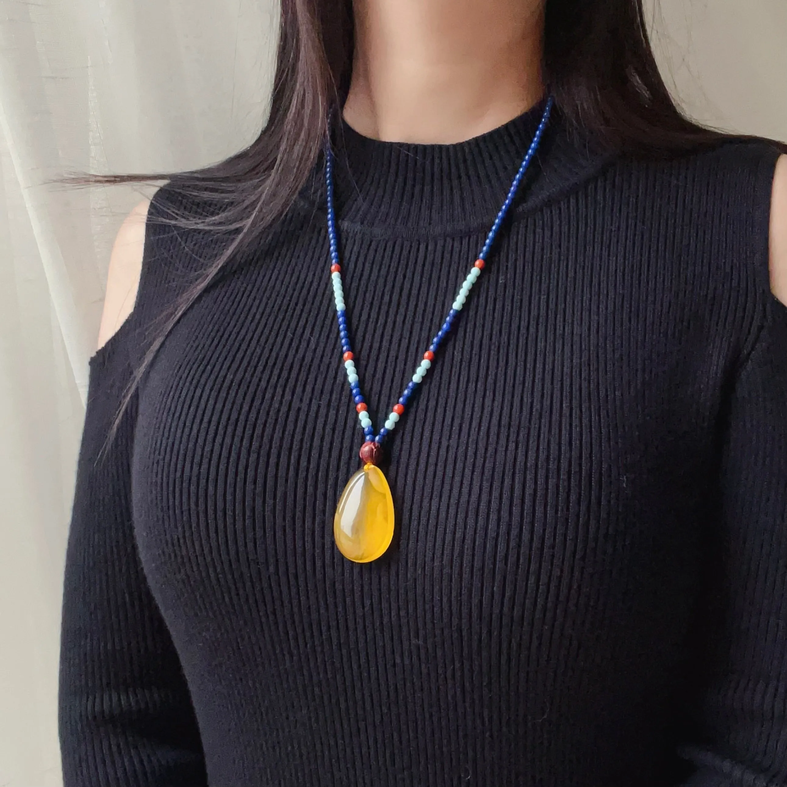 Genuine Gold Amber Pendant Necklace Beaded with Agate Turquoise Lapis Lauzli Rosewood | One of A Kind Handmade Jewelry Adjustable Style