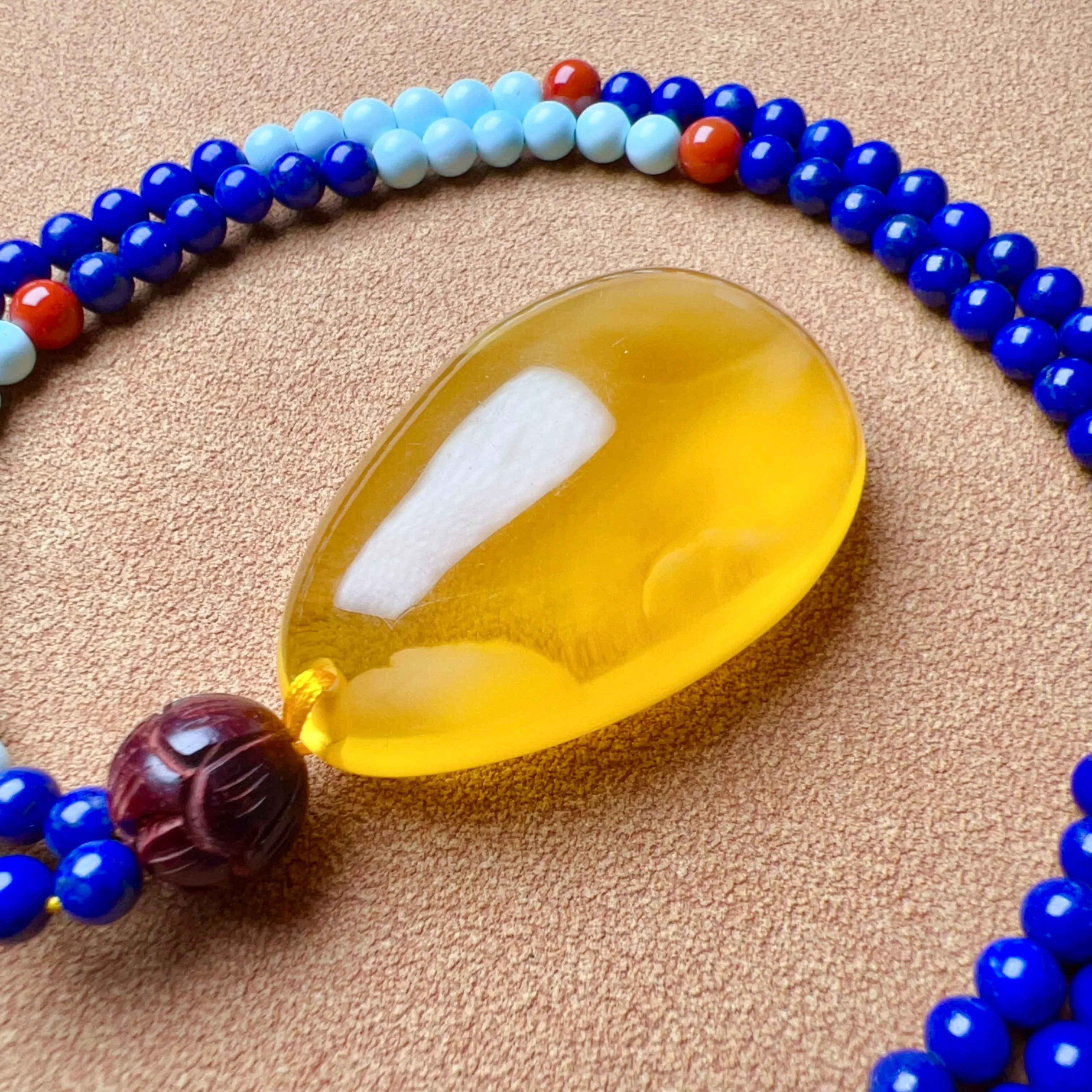 Genuine Gold Amber Pendant Necklace Beaded with Agate Turquoise Lapis Lauzli Rosewood | One of A Kind Handmade Jewelry Adjustable Style