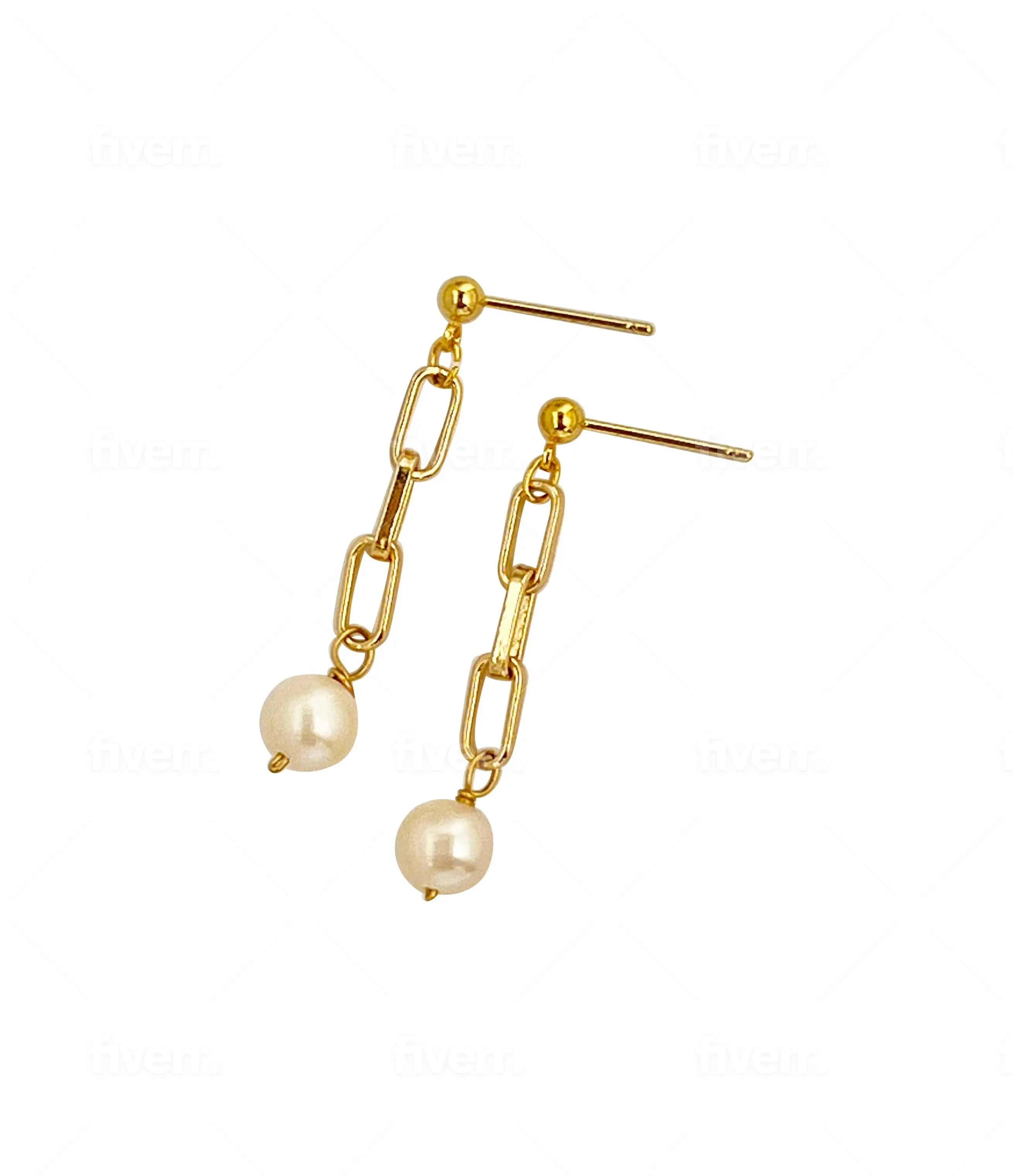 Gold Chain Link Freshwater Pearl Earrings