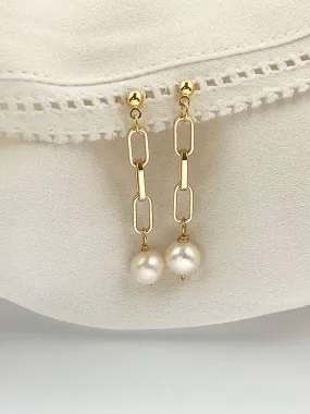 Gold Chain Link Freshwater Pearl Earrings