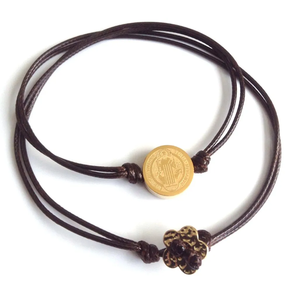 Gold Choker Necklace, Stainless Steel Gold St Benedict, Beaded choker, Brown Choker Cord, San Benito Choker, St Benedict Medal, Brown Choker