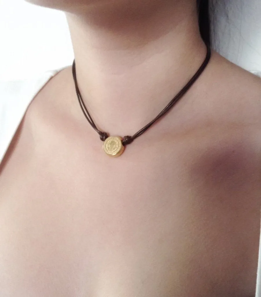 Gold Choker Necklace, Stainless Steel Gold St Benedict, Beaded choker, Brown Choker Cord, San Benito Choker, St Benedict Medal, Brown Choker