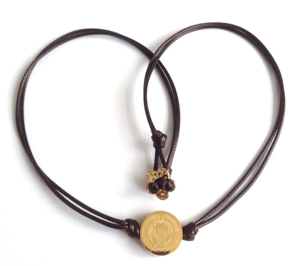 Gold Choker Necklace, Stainless Steel Gold St Benedict, Beaded choker, Brown Choker Cord, San Benito Choker, St Benedict Medal, Brown Choker