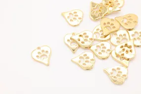 Gold Heart Dog Cut Out Paw Charm, 14K Solid Gold, Jewelry Making Charm