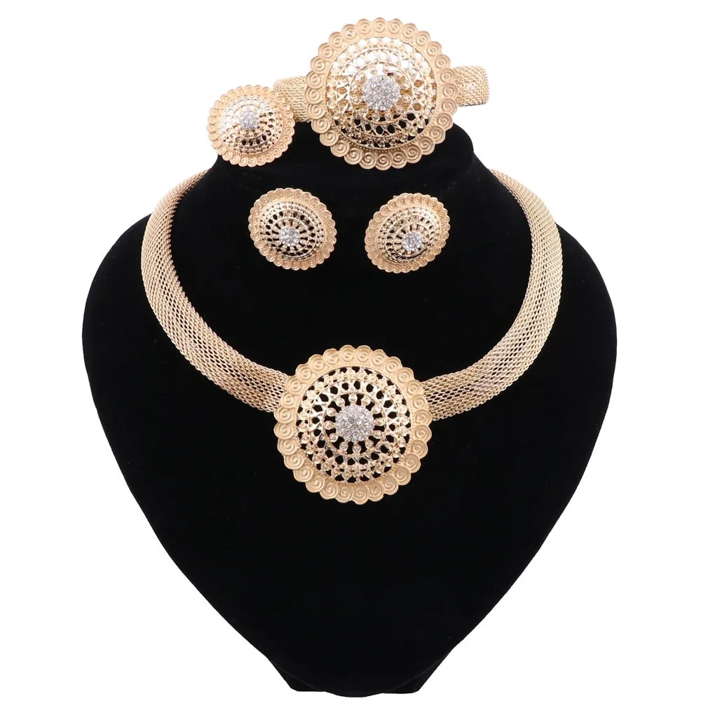 Gold-Plated Circular Steel with Crystals and Swirl Patterns Necklace, Bracelet, Earrings & Ring Wedding Jewelry Set