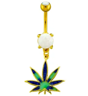 Gold PVD White Opalite Tie Dye Pot Leaf Stainless Steel Belly Button Ring