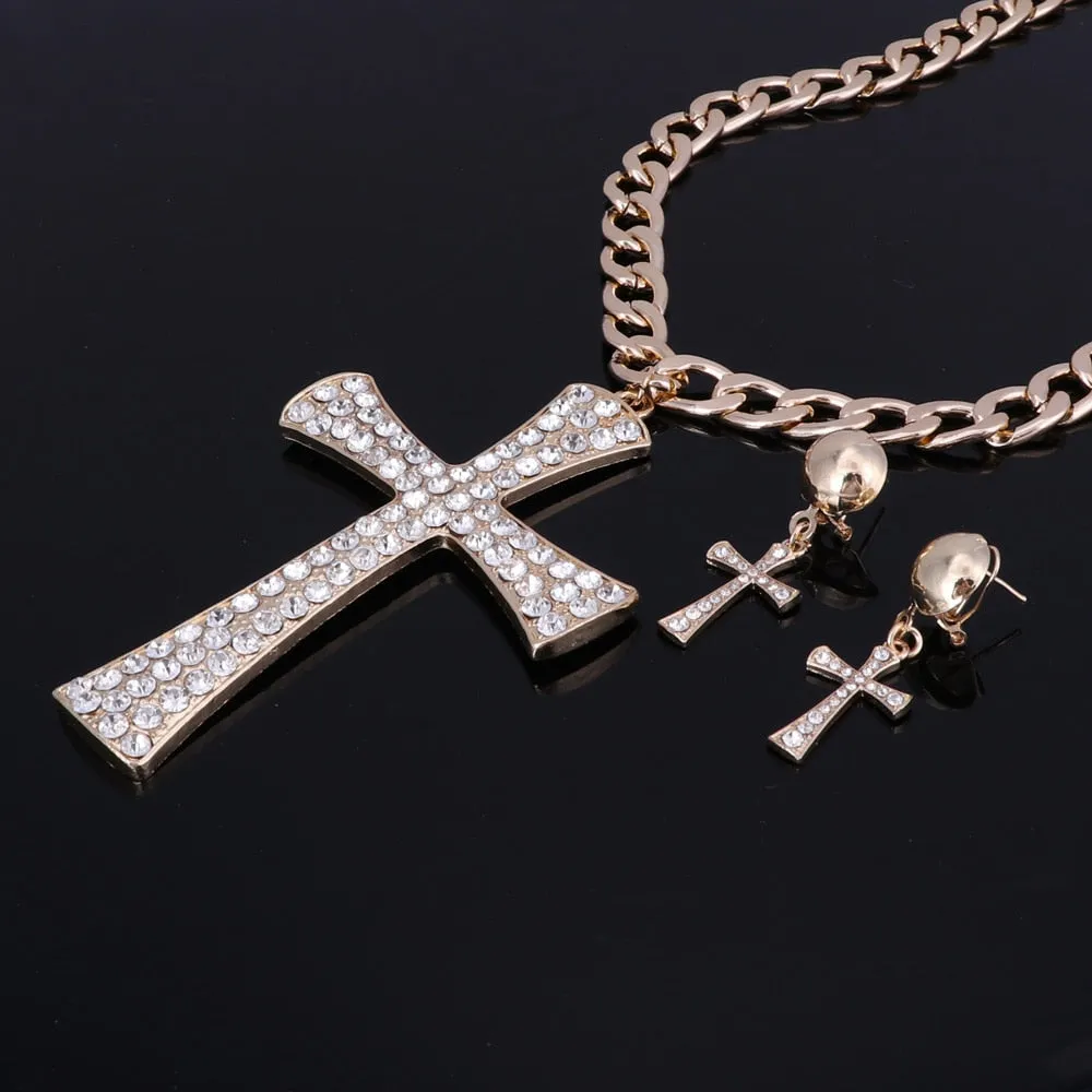 Gold/Silver-Plated Crystal Ethiopian Cross Necklace & Earrings Wedding Statement Jewelry Set