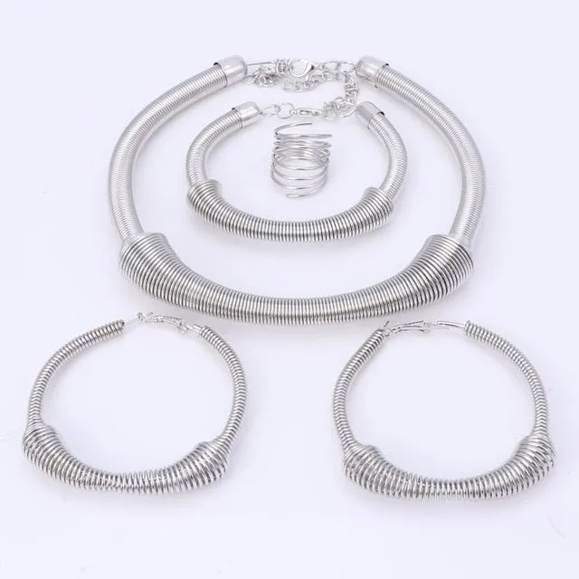 Gold/Silver-Plated Spring Necklace, Bracelet, Earrings & Ring Wedding Statement Jewelry Set