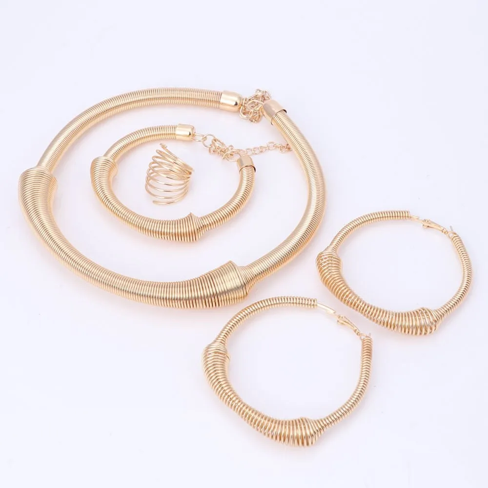 Gold/Silver-Plated Spring Necklace, Bracelet, Earrings & Ring Wedding Statement Jewelry Set