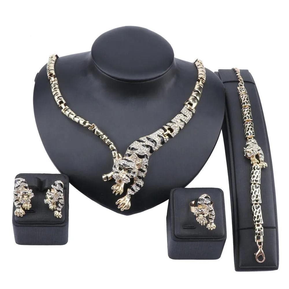 Gold/Silver-Plated Tiger Crystal Necklace, Bracelet, Earrings & Ring Wedding Statement Jewelry Set