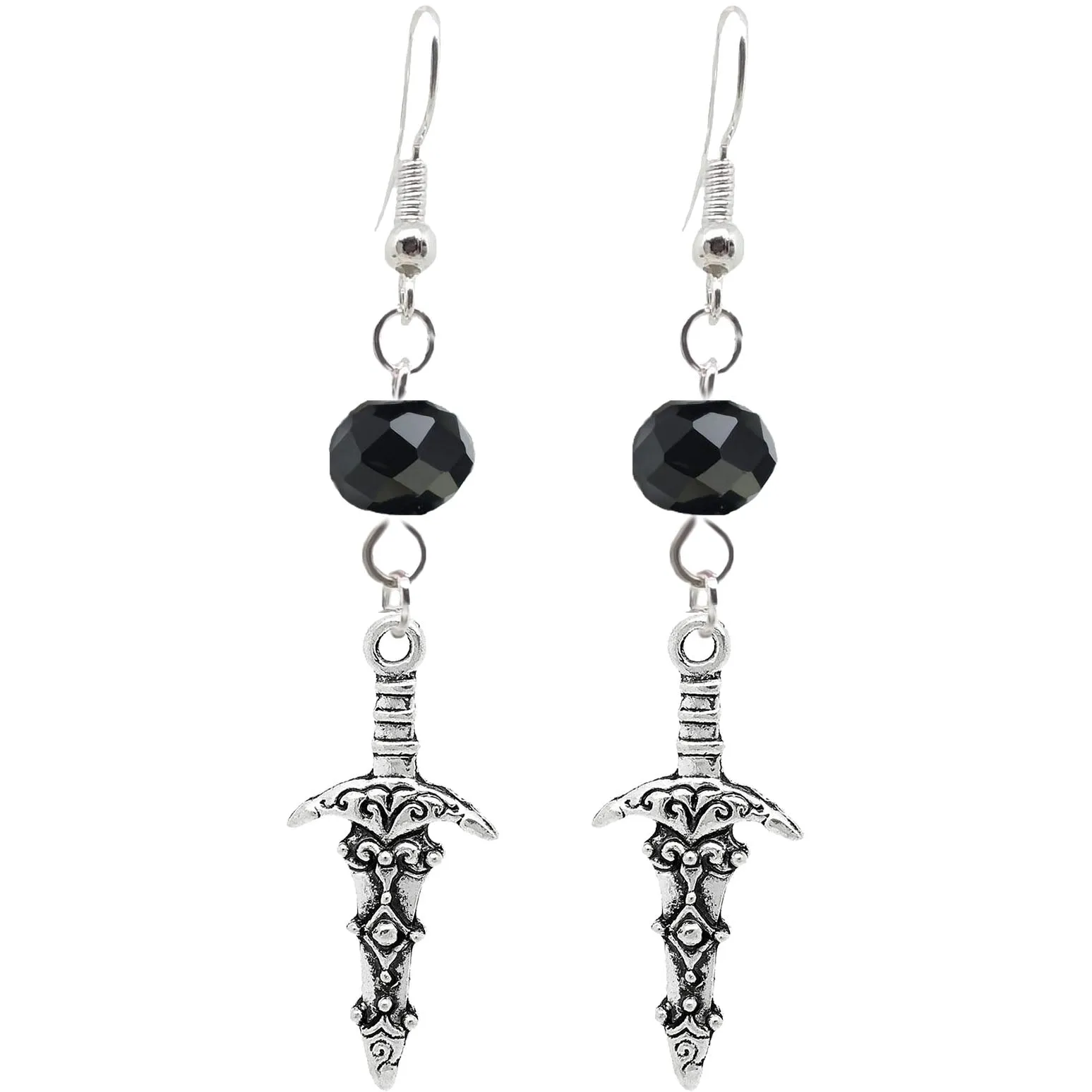 Gothic Halloween Pagan Wicca Wiccan Witch Athame Charm with Silver Plated Metal Ear Hook Dangle Earrings