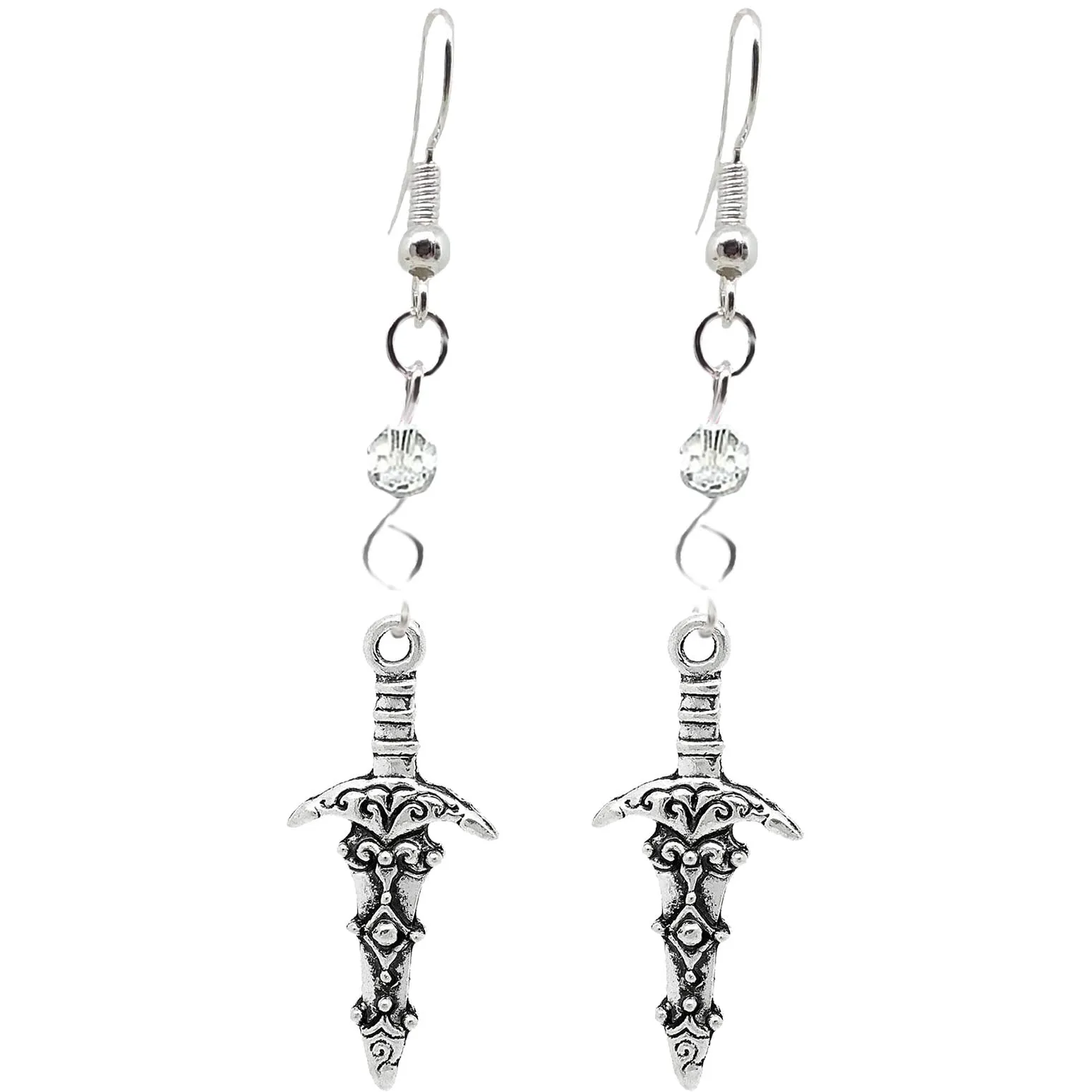 Gothic Halloween Pagan Wicca Wiccan Witch Athame Charm with Silver Plated Metal Ear Hook Dangle Earrings